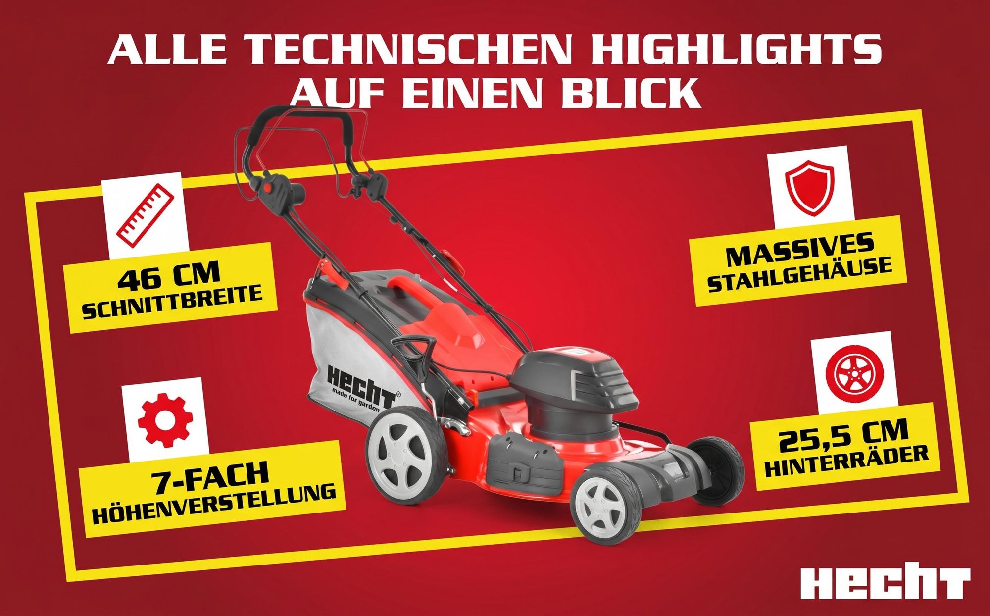 HECHT Rasenmäher Elektro mit Antrieb 1802 S | 46 cm Schnittbreite | 1800 W | 5in1 | Mulcher | 50 L Fangkorb | 3,3 km/h