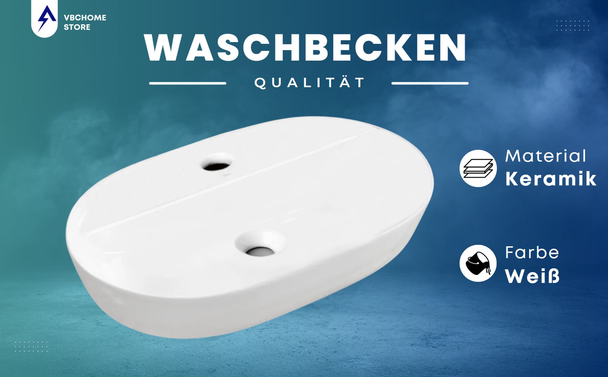 VBChome Waschbecken 60 x 40 cm Keramik Weiß Oval mit Hahnloch Waschtisch Handwaschbecken Aufsatzwaschbecken Waschschale Keramikwaschbecken Waschbecken