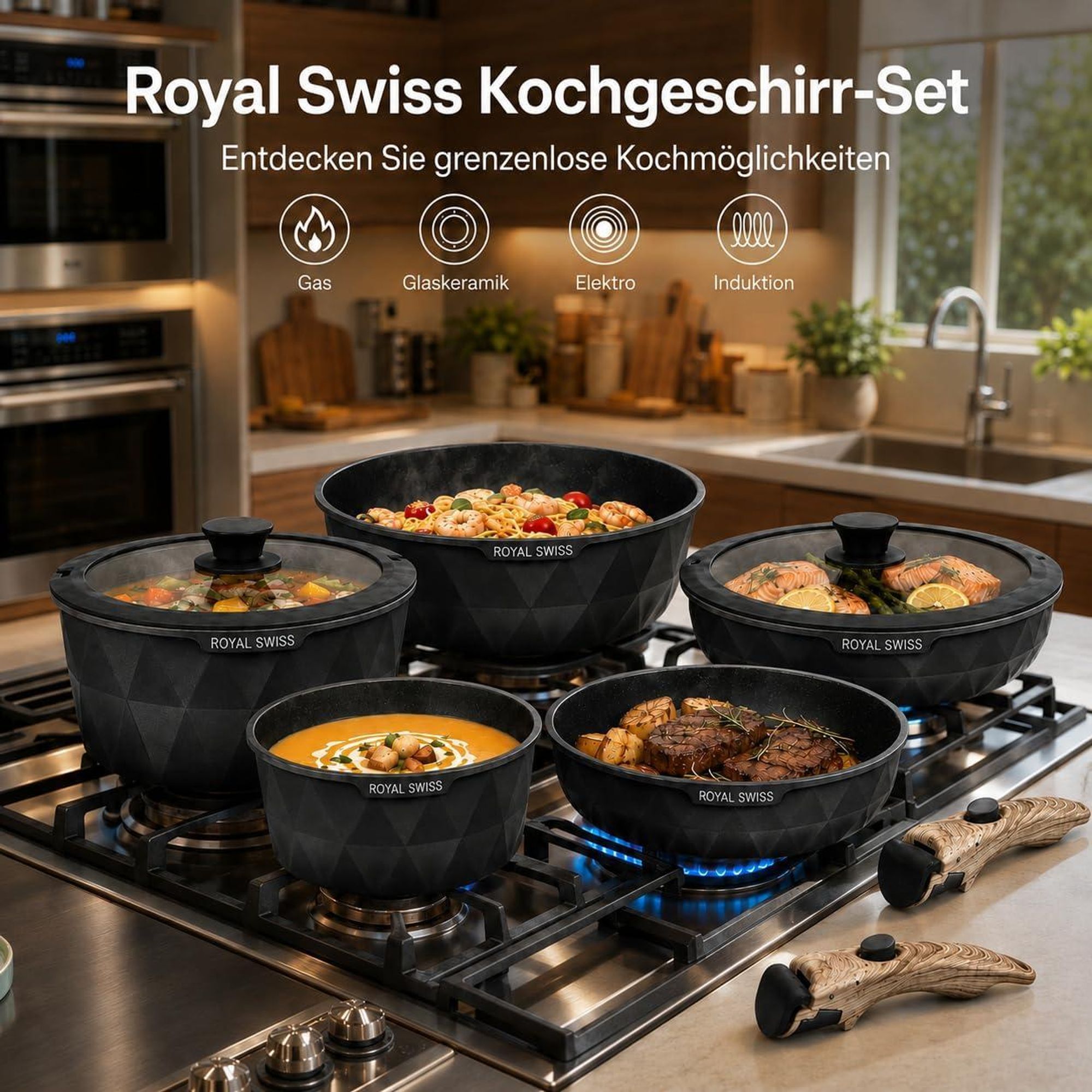 Royal Swiss Kochgeschirr Set für Induktion, Gas, Elektro und Glaskeramik mit abnehmbaren Griffen