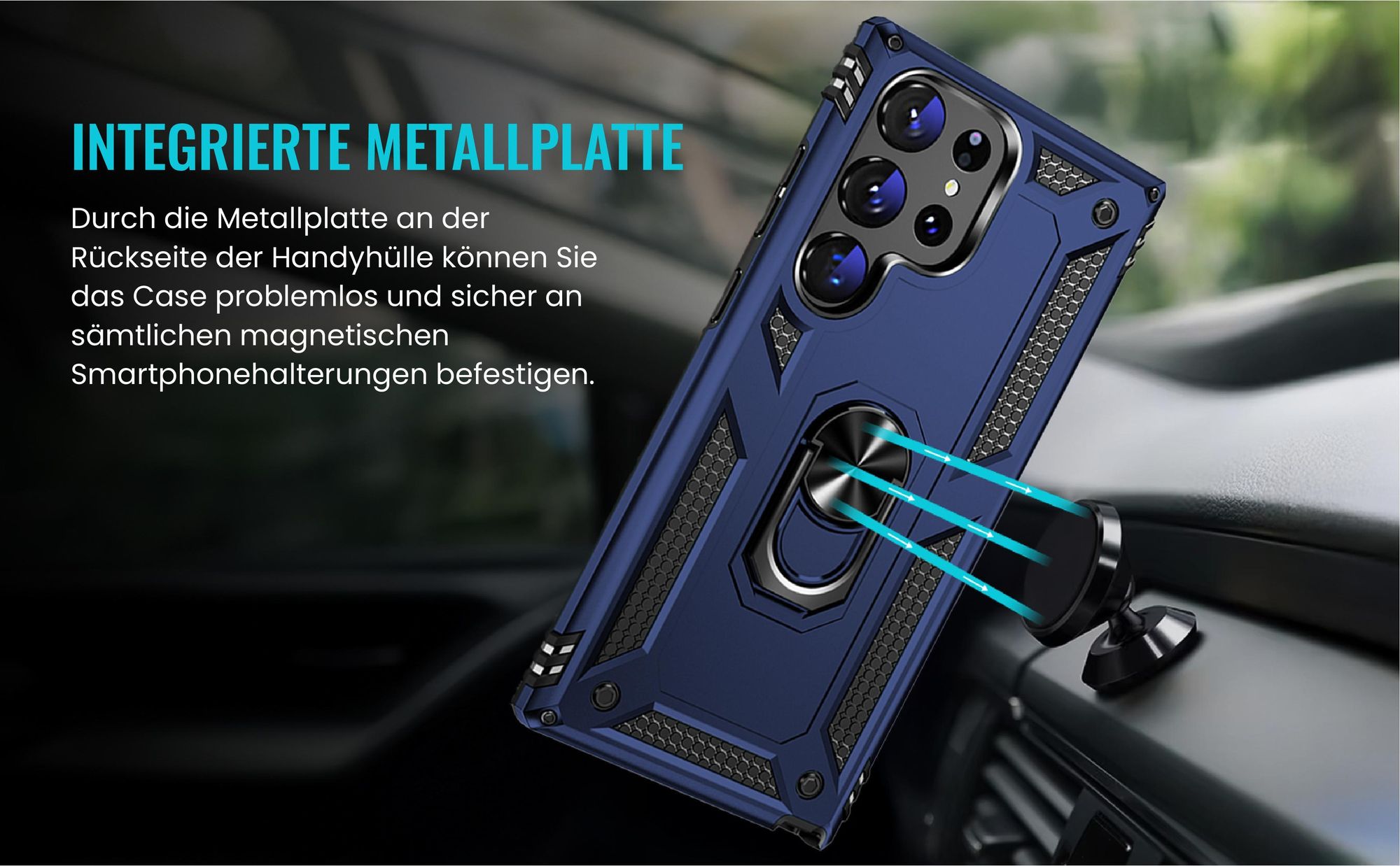 Bumper für Samsung Galaxy S22 Ultra in Blau mit Metallplatte