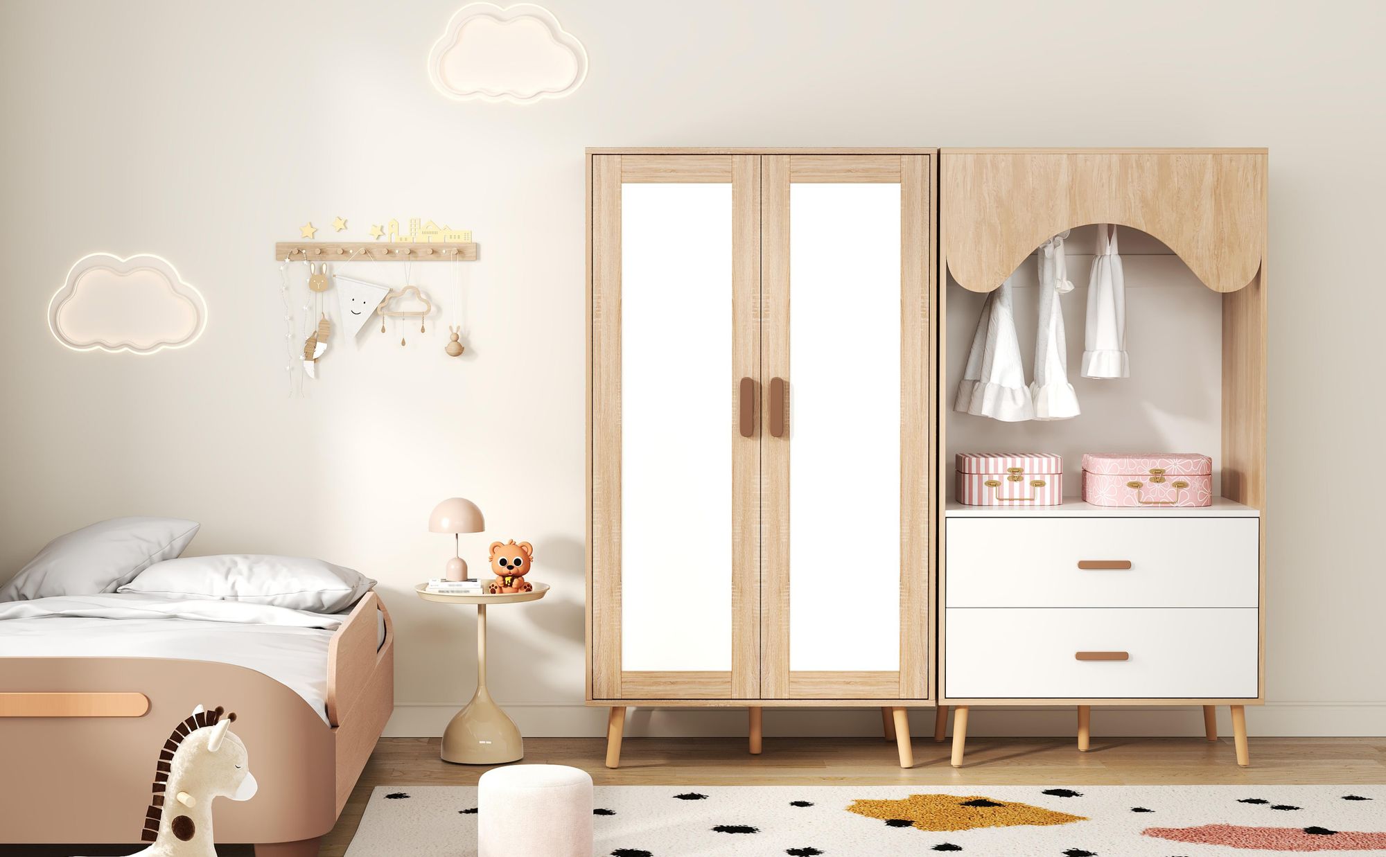 Merax Kinderkleiderschrank Set, 2-türiger Kleiderschrank mit offenem Schrank, Kleiderstange, Schubladen, Kinderzimmer Schrank mit Stauraum, Weiß+Natur