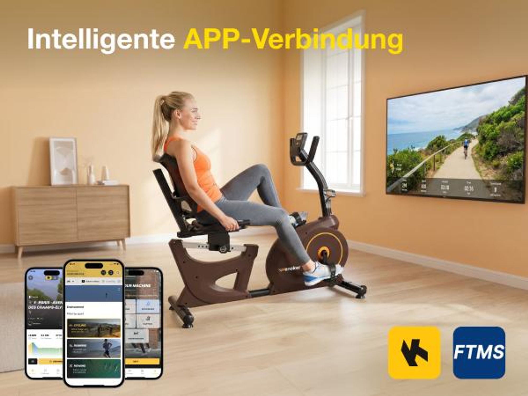 Wenoker Liegeergometer mit 15-stufig verstellbarem Magnetwiderstand, Pulsmessung und LCD-Display, App-kompatibel das leise Liegefahrrad für Senioren.