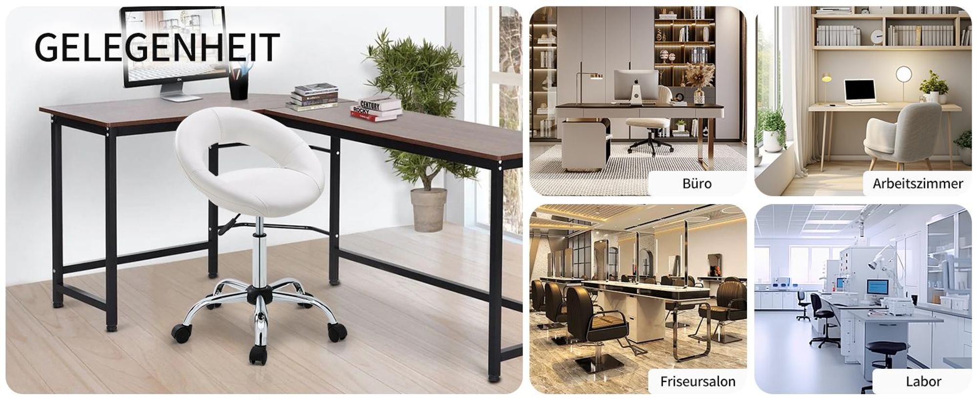 Duhome Rollhocker Drehhocker Schminkhocker Kunstleder Drehstuhl mit Lehne Bürohocker Höhenverstellbar, Weiß