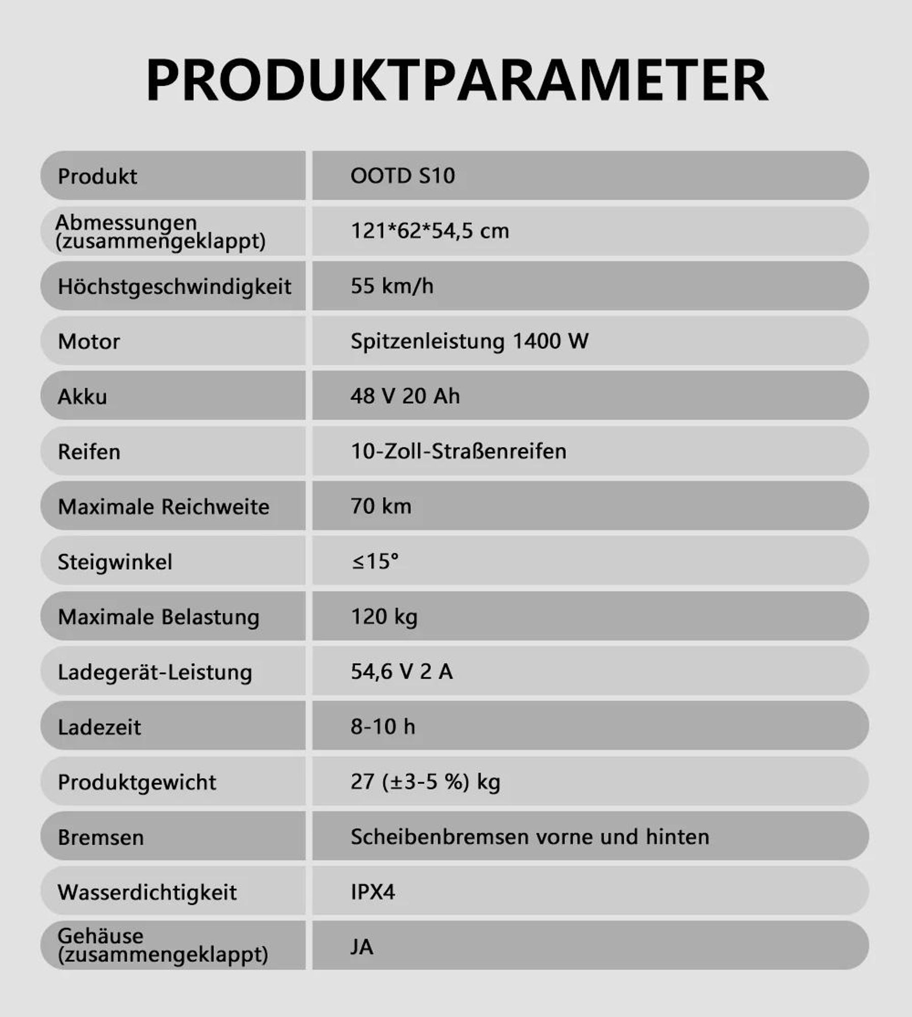 Elektroroller OOTD S10 - Motor 1400W Akku 48V20AH 10" Reifen Scheibenbremse - Schwarz
