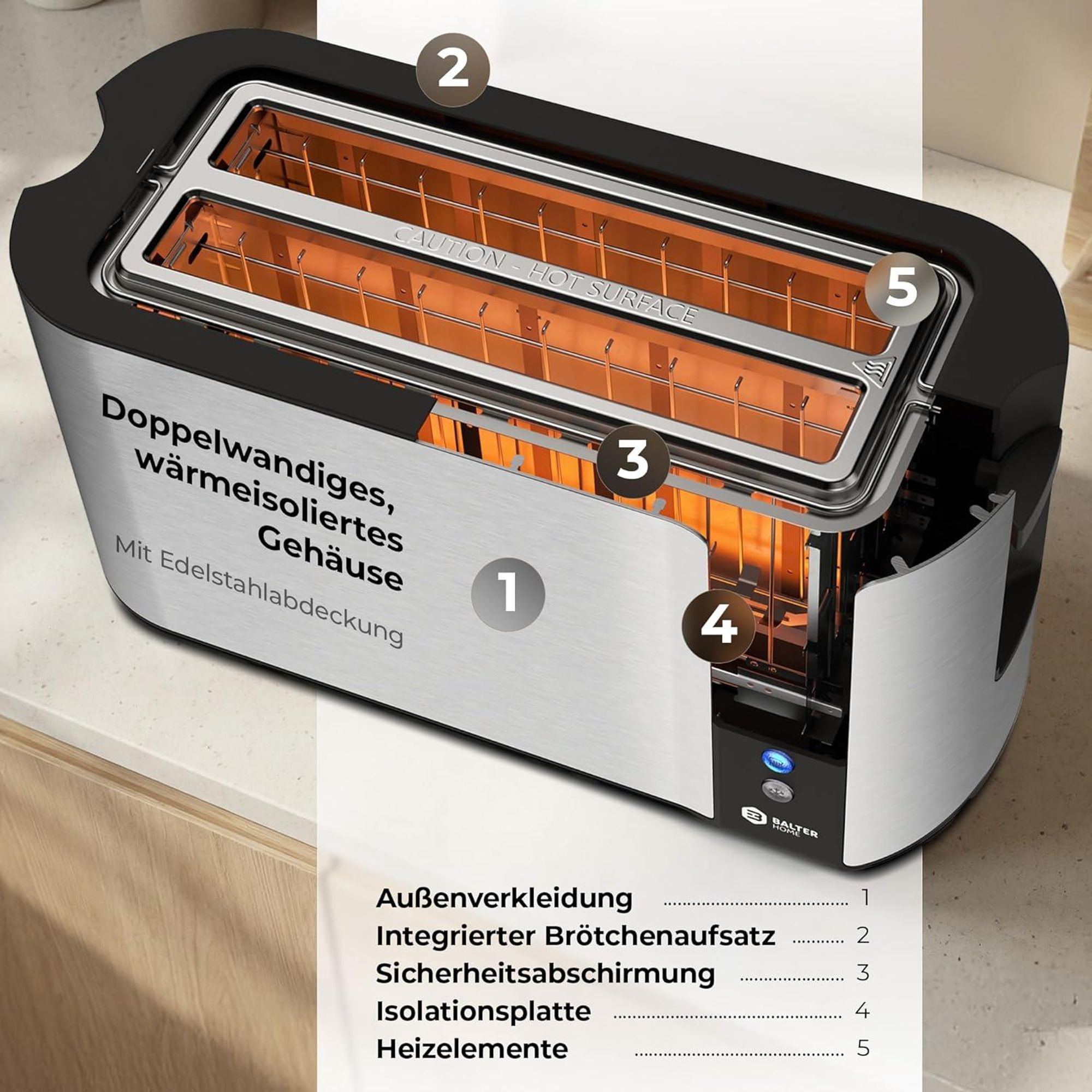 Balter Toaster 4 Scheiben, Edelstahl, Langschlitztoaster mit Brötchenaufsatz, 1500W, LCD Display, Defrost-/Aufwärmfunktion, Krümelschublade, Silber