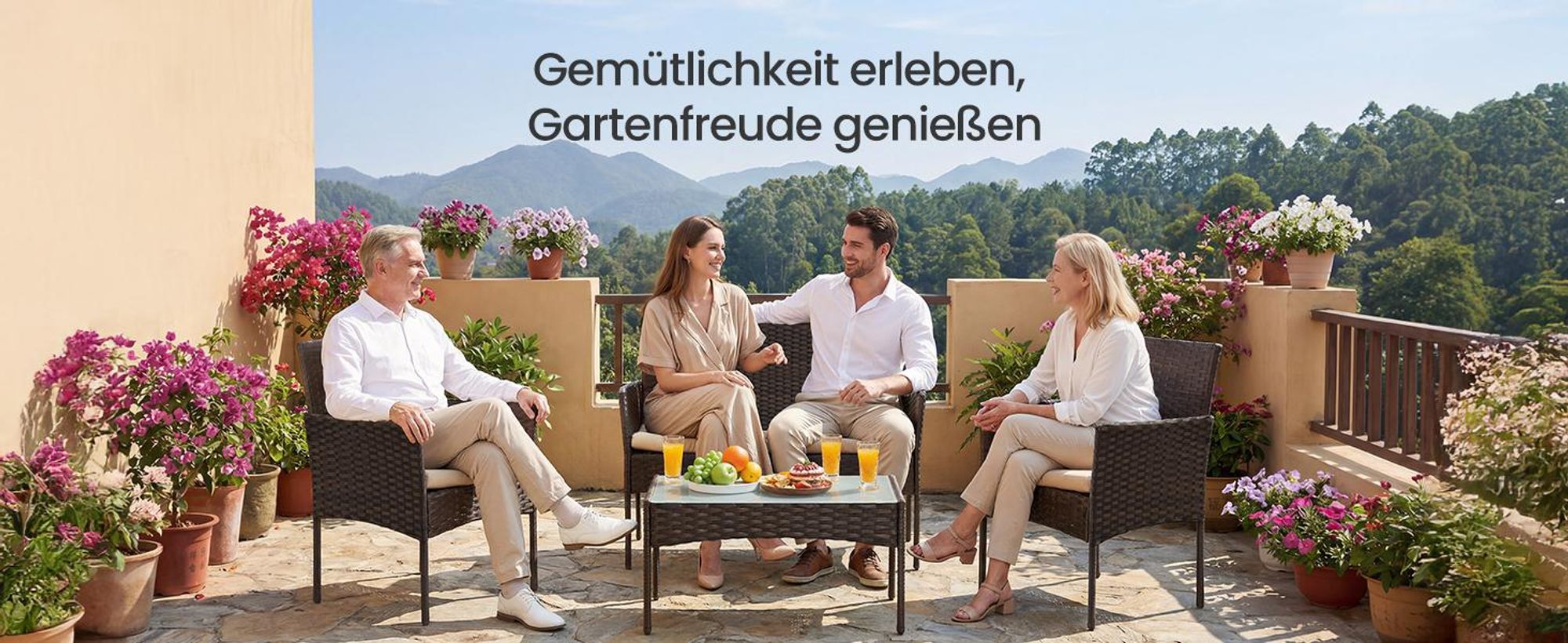 SONGMICS (4-tlg) Gartenlounge-Set, Balkonmöbel, aus PE-Polyrattan, braun-taupe