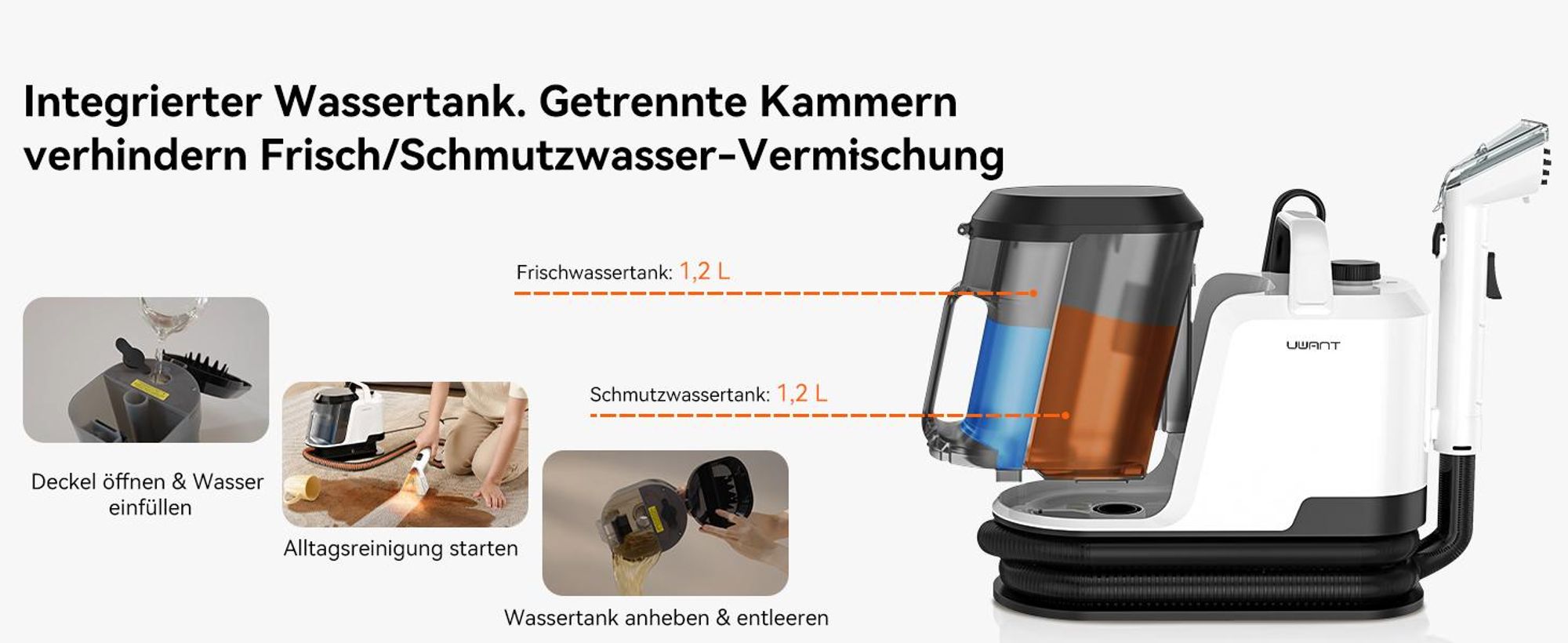 Uwant Y100 Steam Polsterreiniger Gerät, 3-in-1 Dampfreiniger für Sofa, Teppich und Auto mit 18KPA, 1750W Heißdampf, 65°C Heißwasser,Kaltwasser