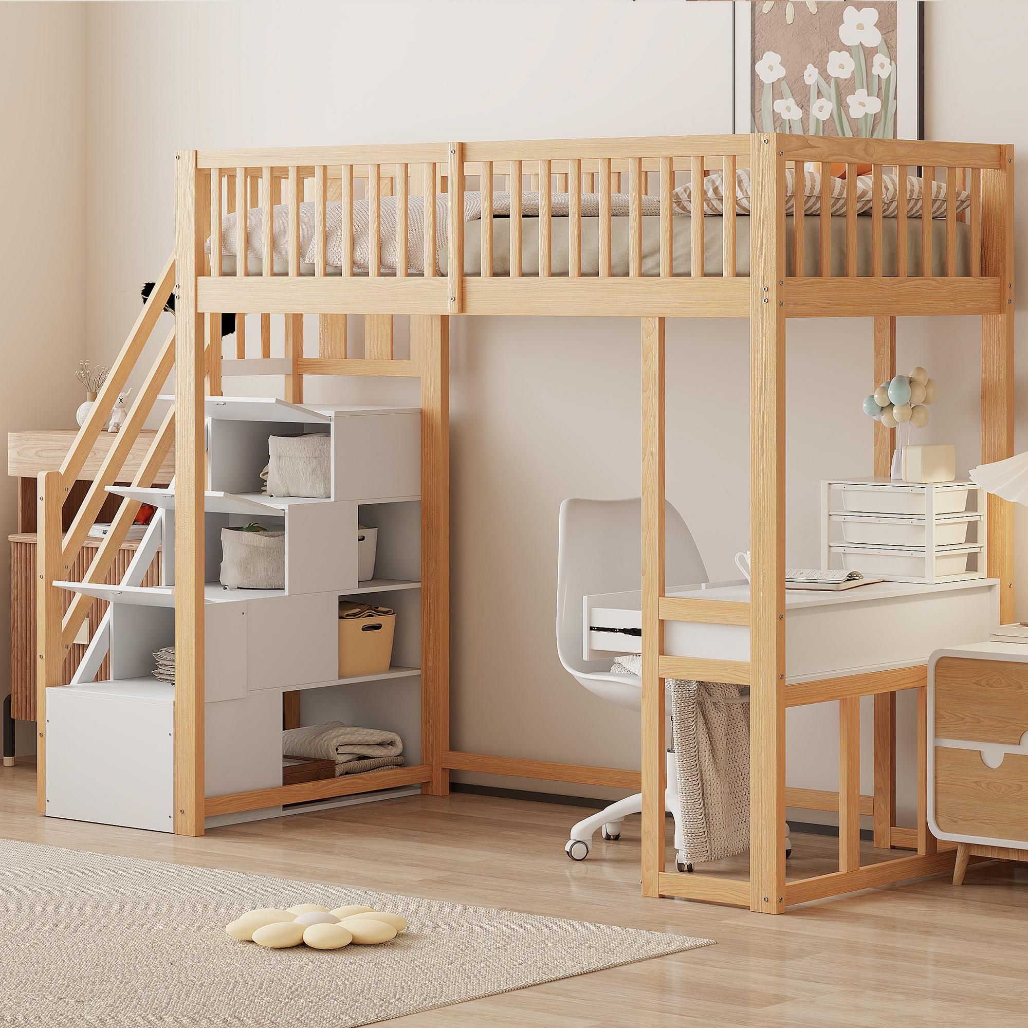 Flieks Etagenbett 90x200cm mit Rausfallschutz, Hochbett mit Schreibtisch, Kinderbett Einzelbett Holzbett mit Schubladen, Stockbett mit Treppe, Holz