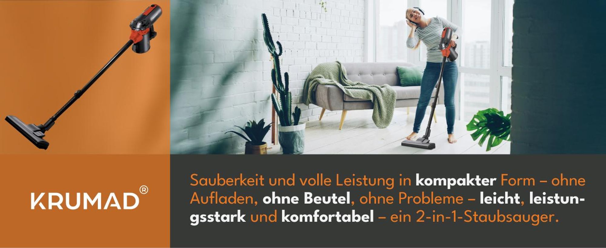 KRUMAD Staubsauger 600W - Beutelloser Bodenstaubsauger mit HEPA-Filter, 1,5L Behälter, 5m Kabel, Leichter & Leiser Handstaubsauger für Teppiche, Lamin