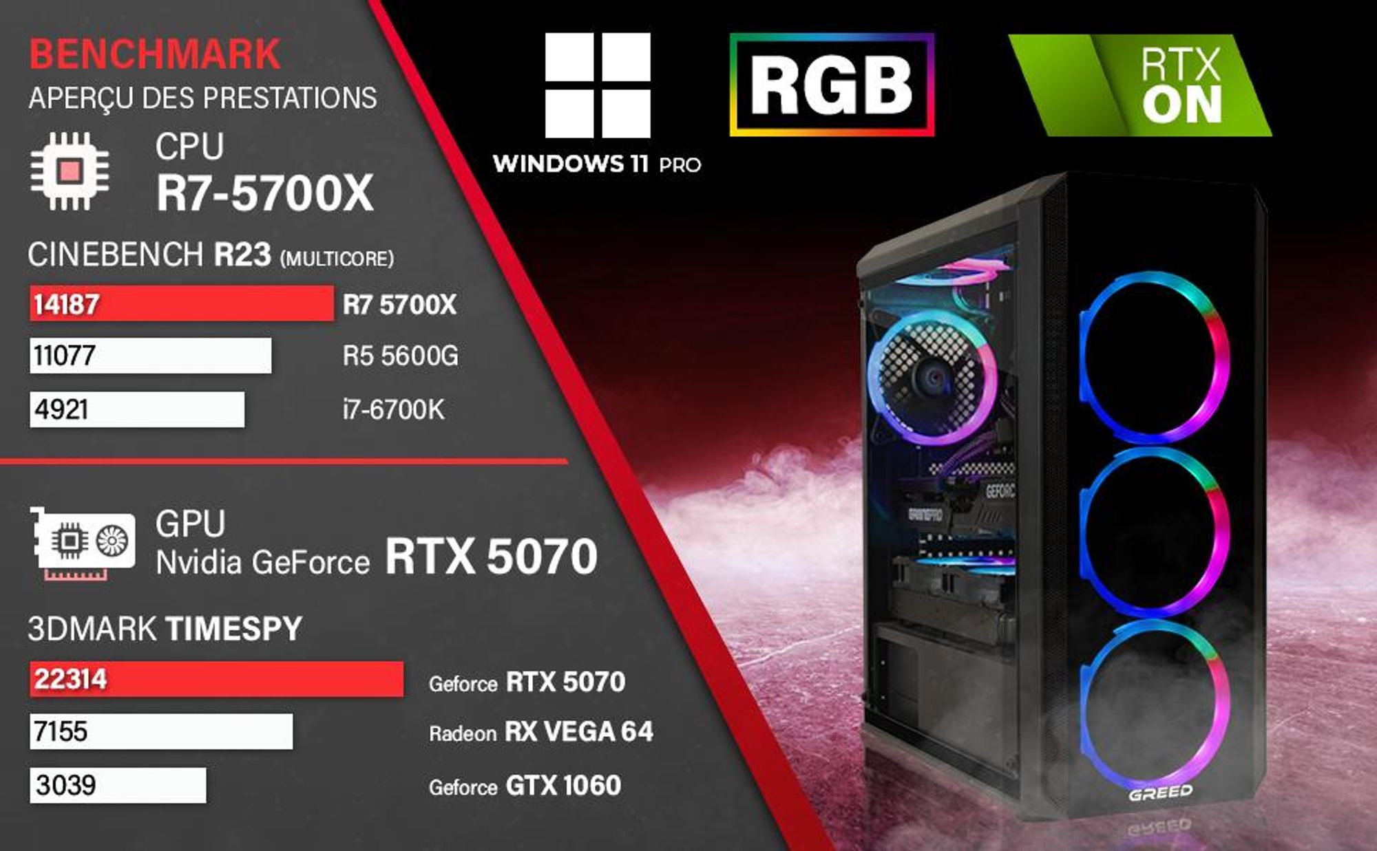 Greed® MK2 Pro - PC Gamer - AMD Ryzen 7 5700X - Nvidia RTX 5070 12 Go - Ordinateur avec 32 Go RAM DDR4 - Watercool - SSD 1 To - 4K - Wi-Fi + W11 Pro