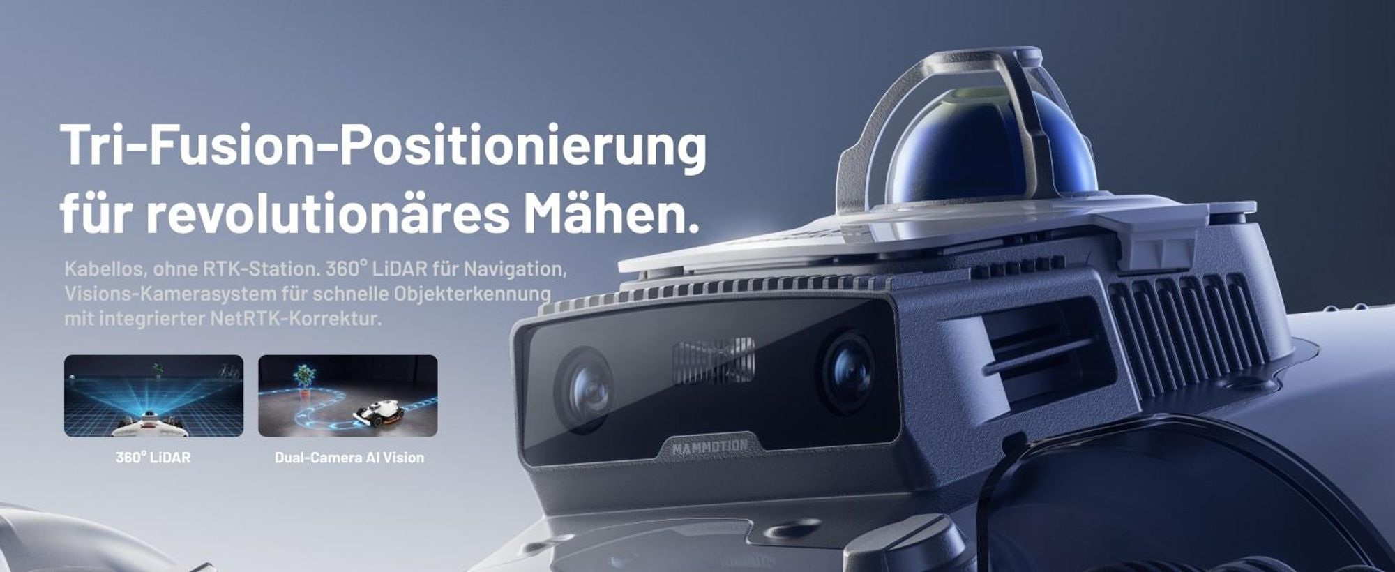 Mammotion LUBA 3 AWD 1500 Mähroboter ohne Begrenzungskabel für 1500m² 360° LiDAR + KI-Vision Rasenmähroboter 80% Steigung bis zu 15 Zonen 4G-Modul APP