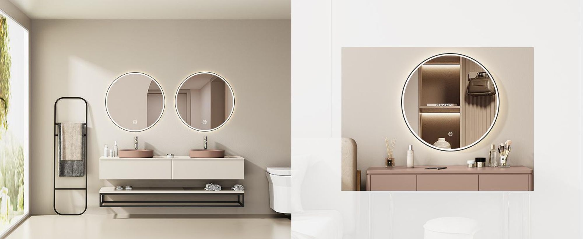 Specchio da bagno LED HOKO, forma circolare, diametro 60 cm, cornice in alluminio nero, interruttore touch con funzione di memoria, regolazione della temperatura del colore da 2700 a 6500 K, grado di protezione IP44 per l'uso in bagno, modello Helsinki