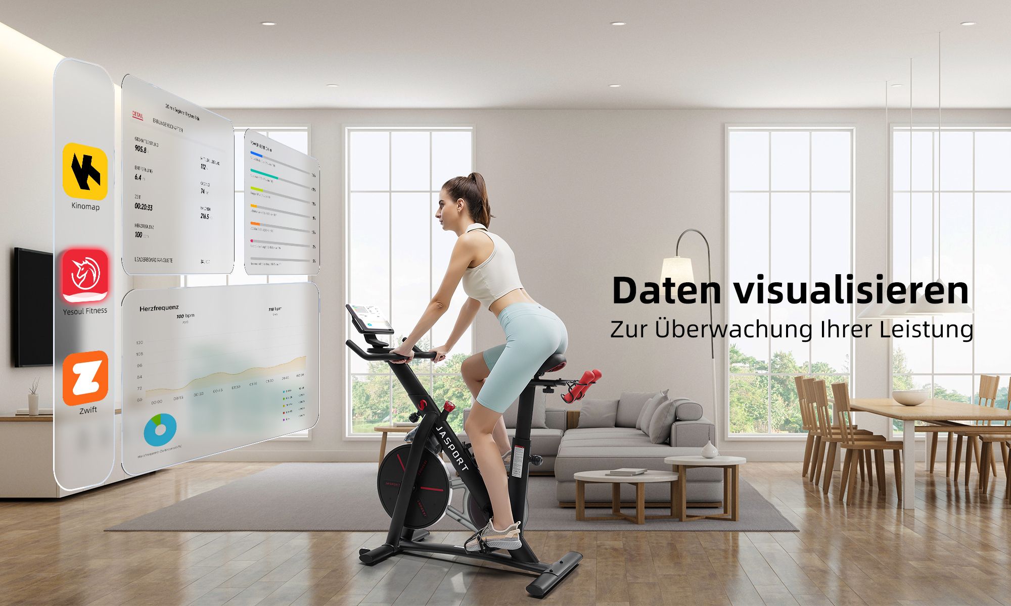 JASPORT Smart Indoor Speedbike S3, leiser Heimtrainer, Magnetbremssystem, App mit Trainingskursen, kompatibel mit Kinomap & Zwift