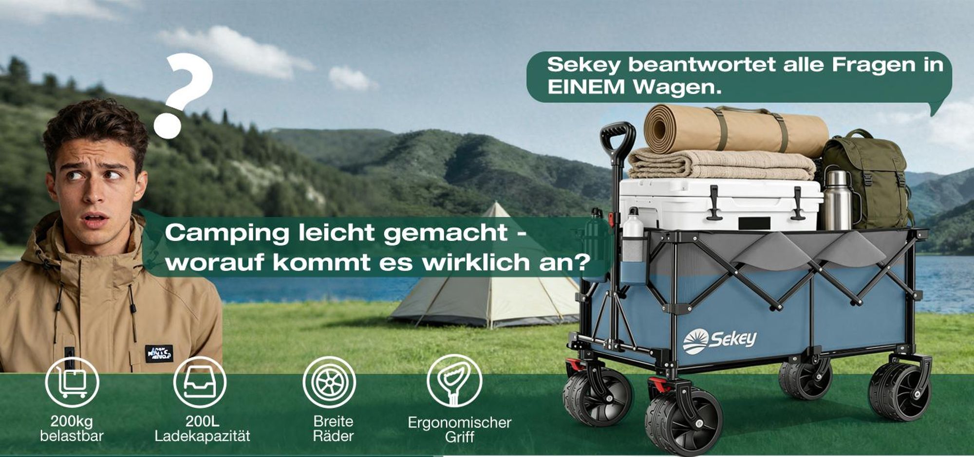 Sekey XXL Plus Bollerwagen Faltbar mit Extra Breite Räder, Faltbollerwagen belastbar 200kg Handwagen Klappbar Transportwagen, Grau und Blau