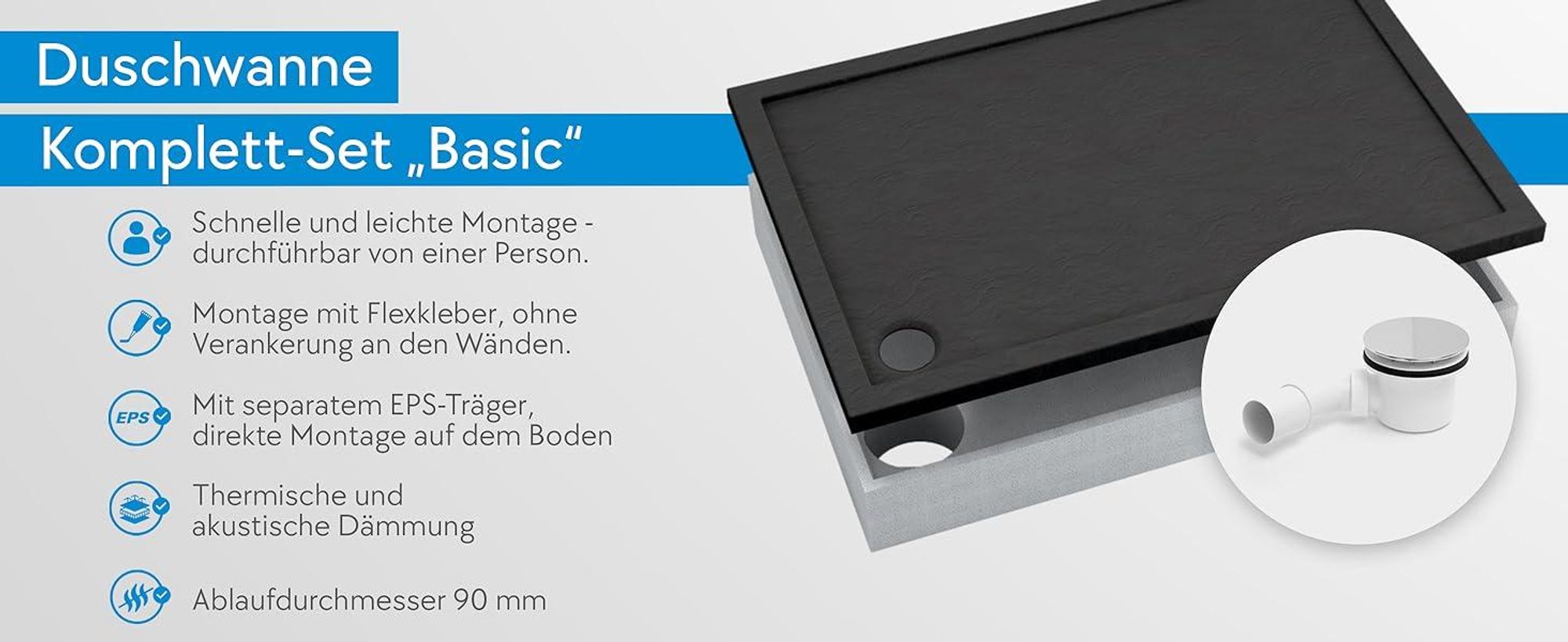 AQUABAD® Duschwanne Komplettset Basic Black Stone 80x100cm Rechteck inkl. Styroporträger und Ablaufgarnitur Alcadrain A49CR
