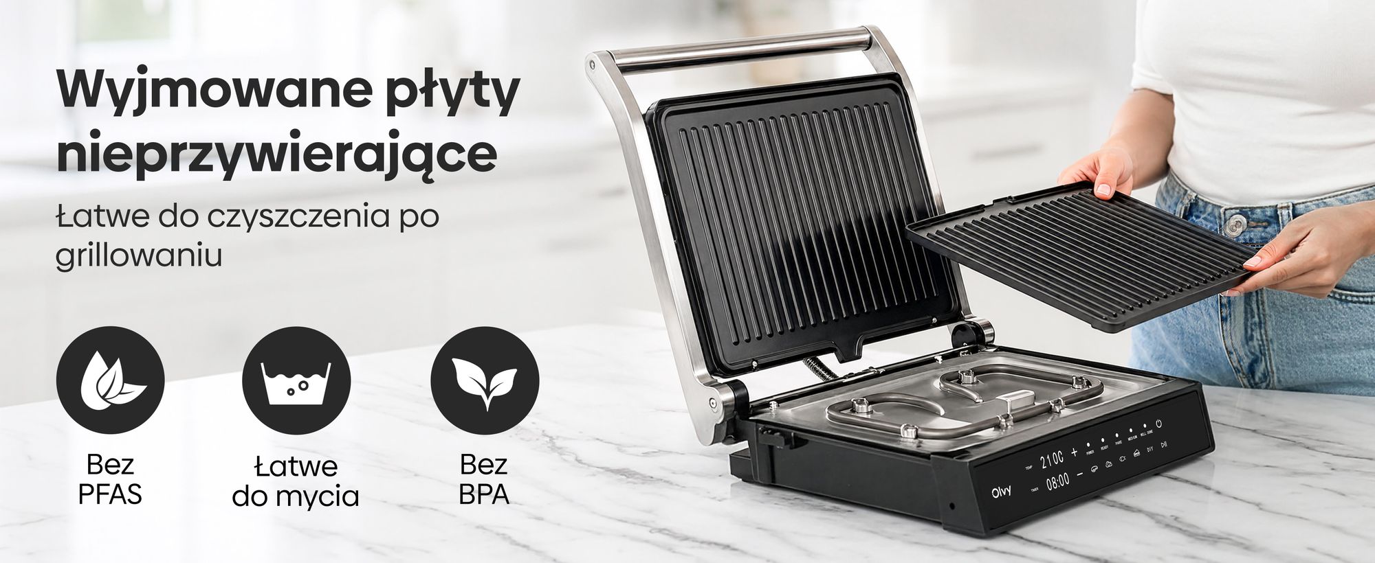 Grill kontaktowy Olvy, 2000 W, elektryczny grill i opiekacz do kanapek, 5 programów, opiekacz do panini, grill-toster do użytku w pomieszczeniach, płyty bez PFAS, grill stołowy