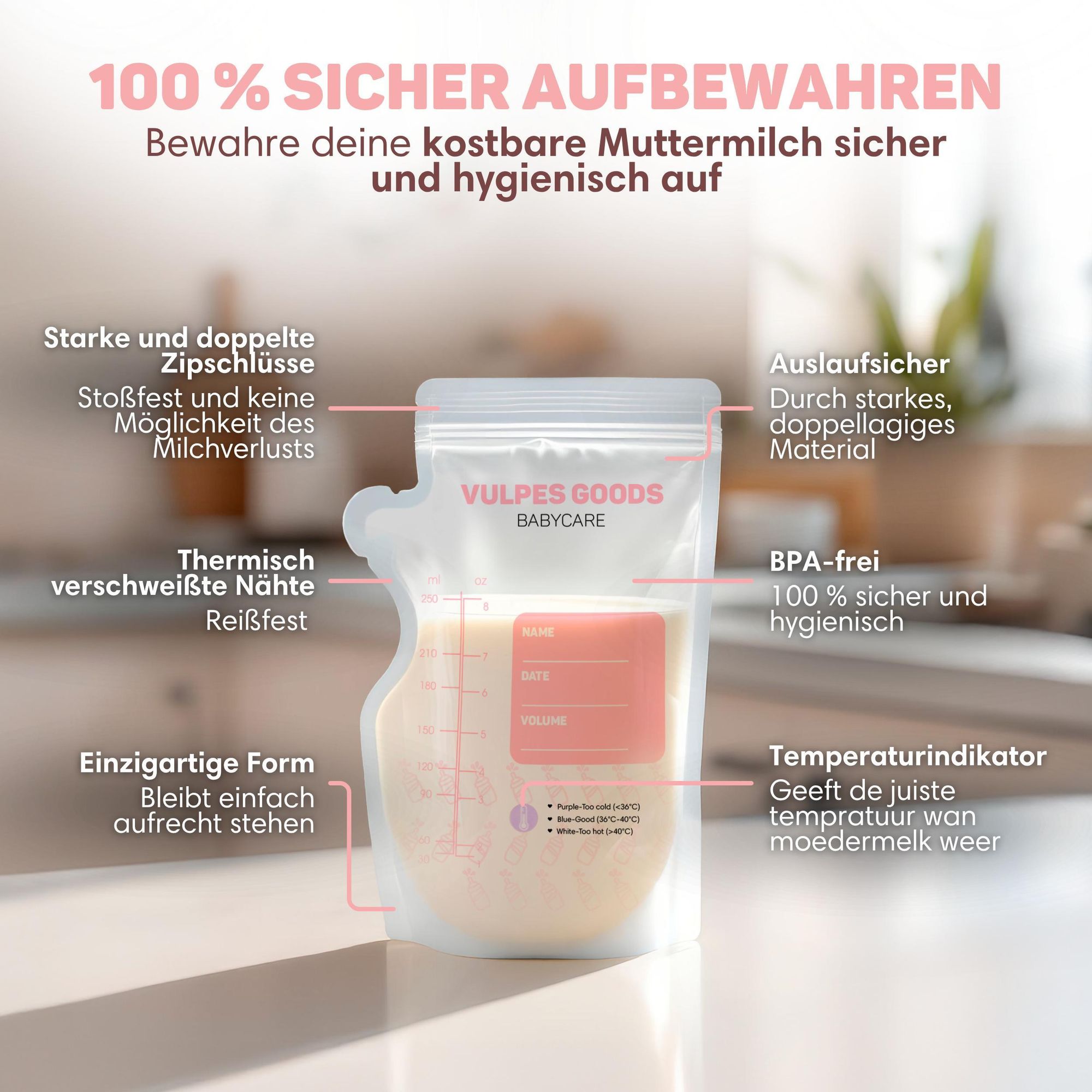 Vulpes Goods Muttermilch-Aufbewahrungsbeutel, Still-Aufbewahrungsbeutel, Mit Ausguss, Extra groß, 250 ml, 60 Stück, BPA-frei