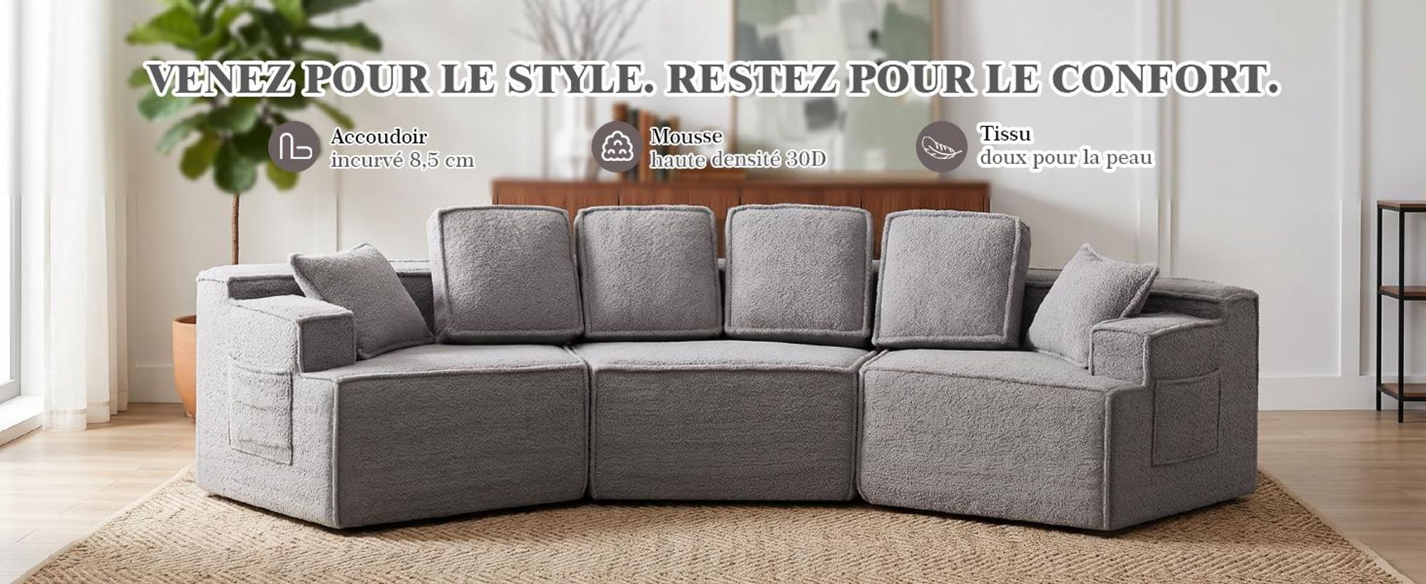 COMHOMA, canapé modulaire, canapé rembourré, canapé 3 places, canapé sectionnel flexible, avec sac de rangement, canapé convertible, pas d'installation requise