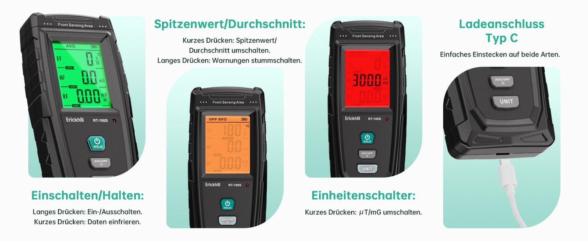 ERICKHILL RT-100S EMF Messgerät 3-in-1 | EF/MF/RF-Prüfung | Akustischer Alarm