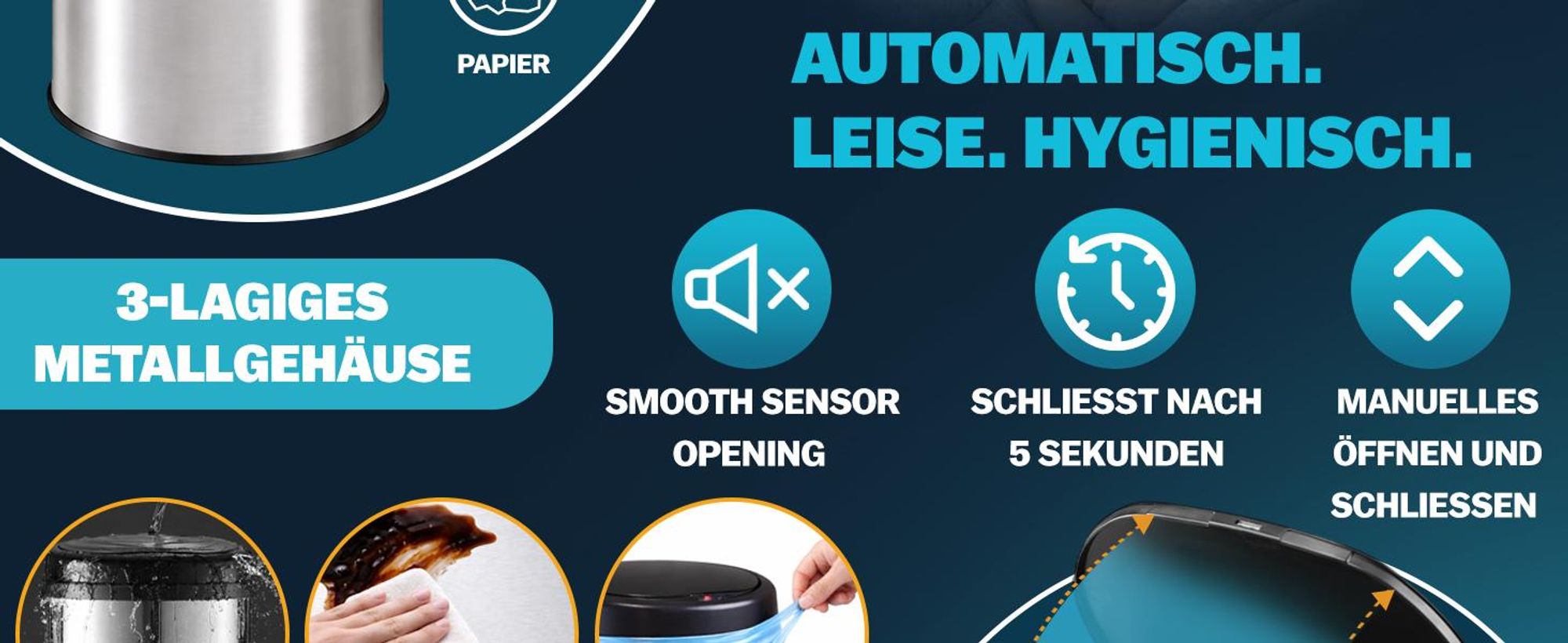 Sensor-Abfalleimer 50 l, Schwarz, Edelstahl