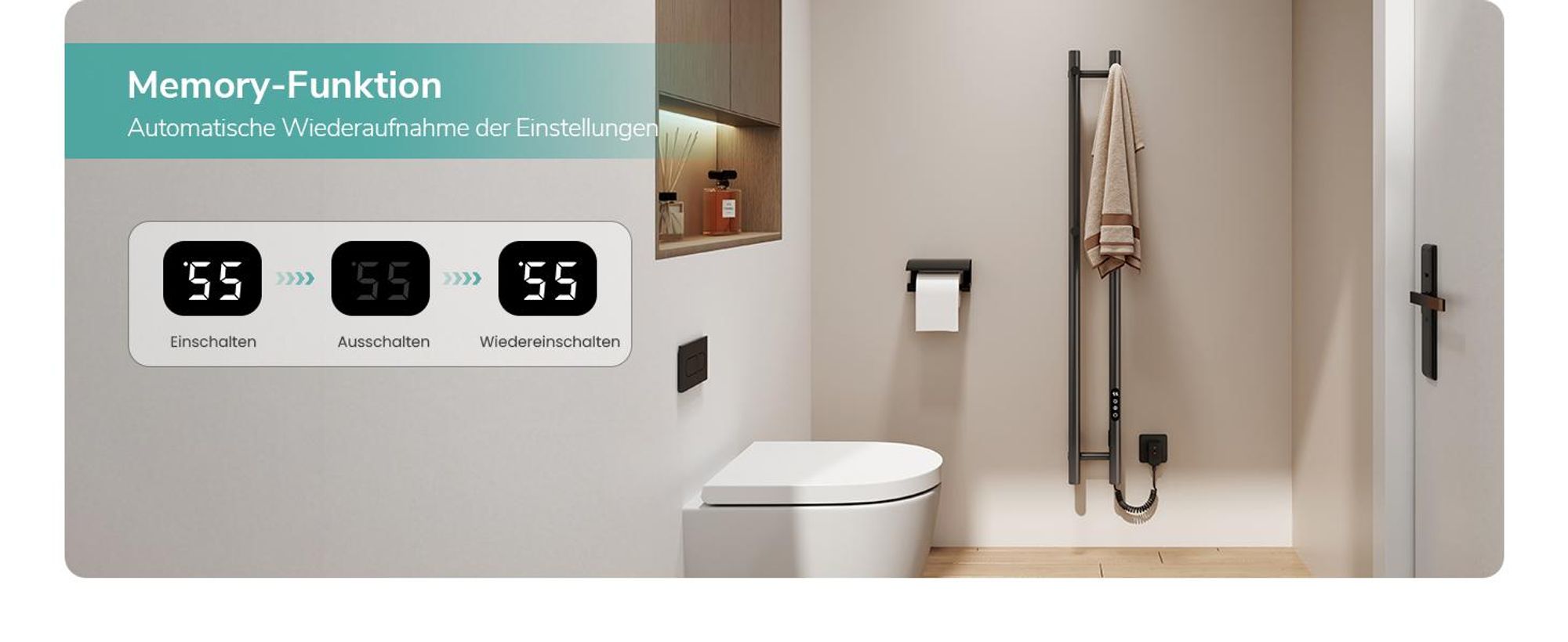 EMKE Elektrischer Handtuchheizkörper WLAN-App Steuerung mit Wochenprogramm LED Touchscreen Kompakt 2-Rohr Handtuchtrockner 120x12,4cm 145W Anthrazit