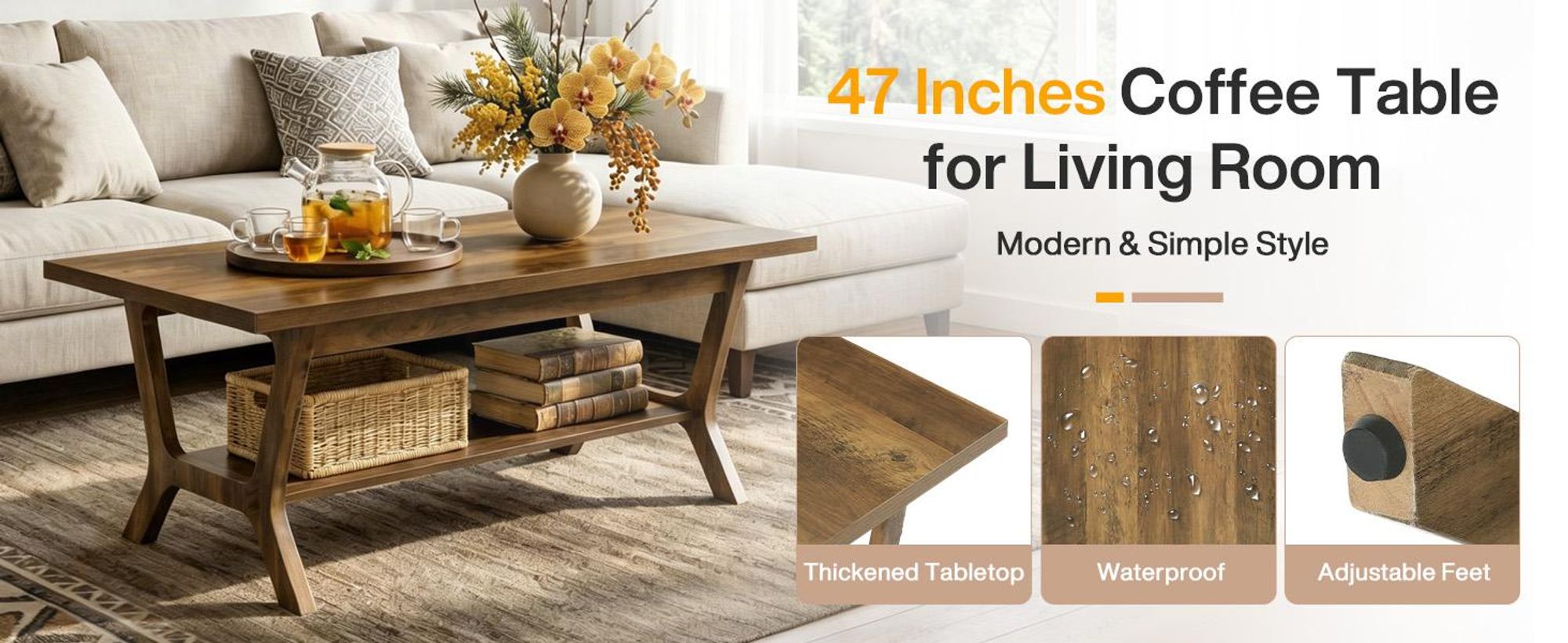 Tribesigns Couchtisch fürs Wohnzimmer, 120 cm großer rechteckiger Couchtisch Holz im Landhausstil mit Ablagefach, Homeoffice, rustikales Braun