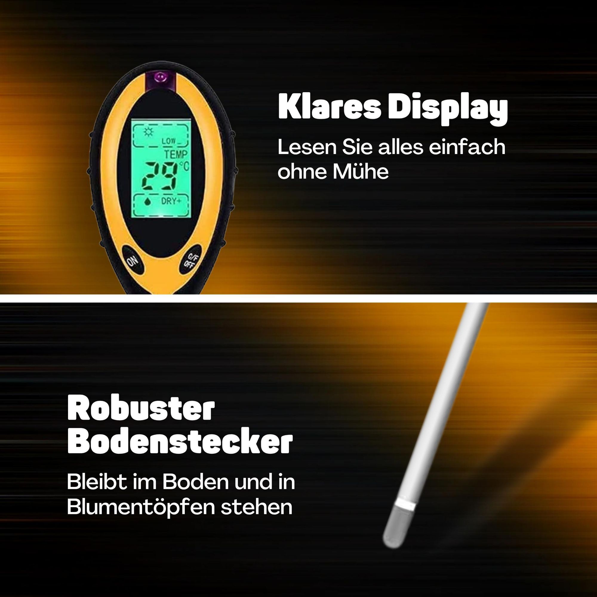 Vulpes Goods Bodenfeuchtigkeitsmessgerät, Für Pflanzen, 4-in-1, Thermo- und Feuchtigkeitsmesser, Innen und Außen, pH Licht, Boden testen, Mit Batterie