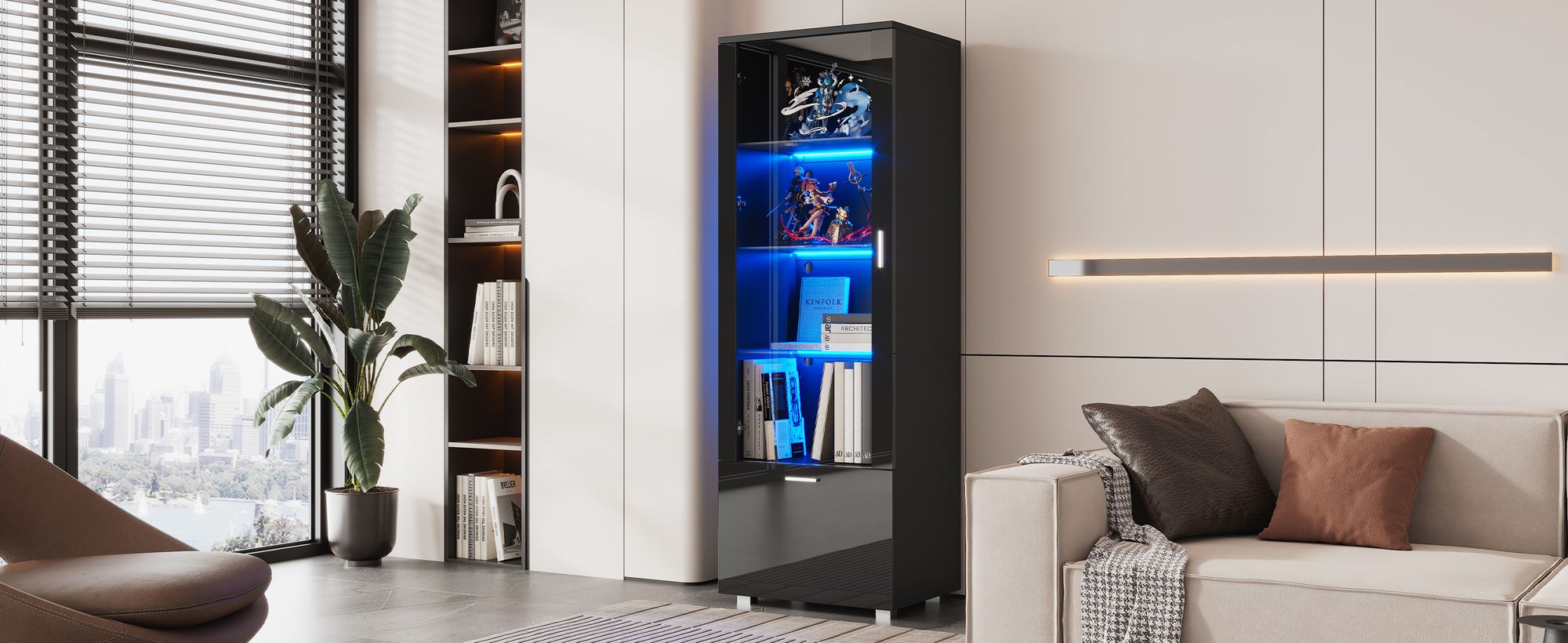 okwish Vitrine,Schwarze Hochglanzvitrinen mit Glastüren und LED-beleuchtete,Bücherregale und Acryl-Vitrine mit schwarzen Hochglanztüren,Schwarz