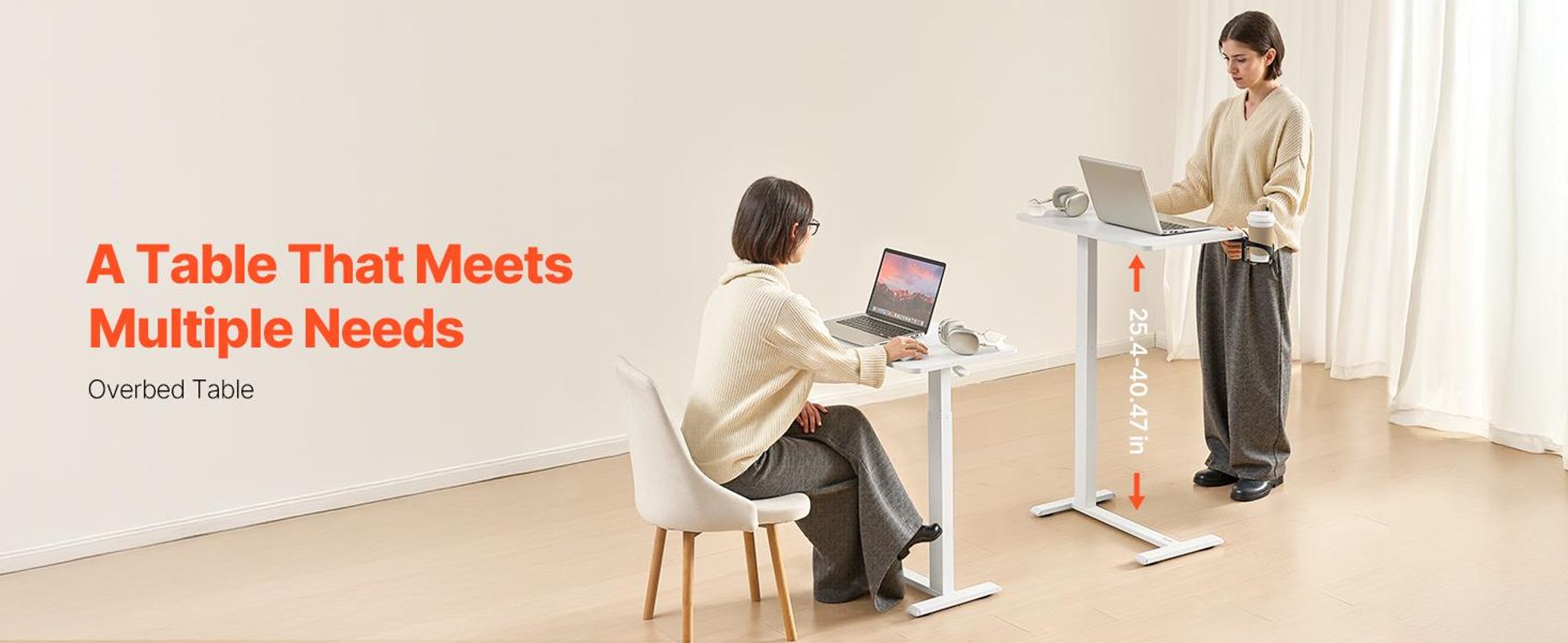 VEVOR Nachttisch, mobiler Beistelltisch, höhenverstellbar, Laptoptisch mit Getränkehalter, tragbarer Nachttisch für Büro, Arbeitszimmer, Zuhause, Weiß