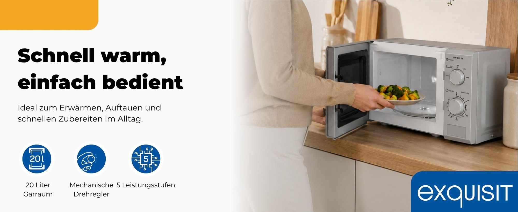 Exquisit Mikrowelle MW 802 Silber | 700 Watt | 5 Leistungsstufen | Timer Timer | Auftaufunktion | 25,5cm Ø Drehteller