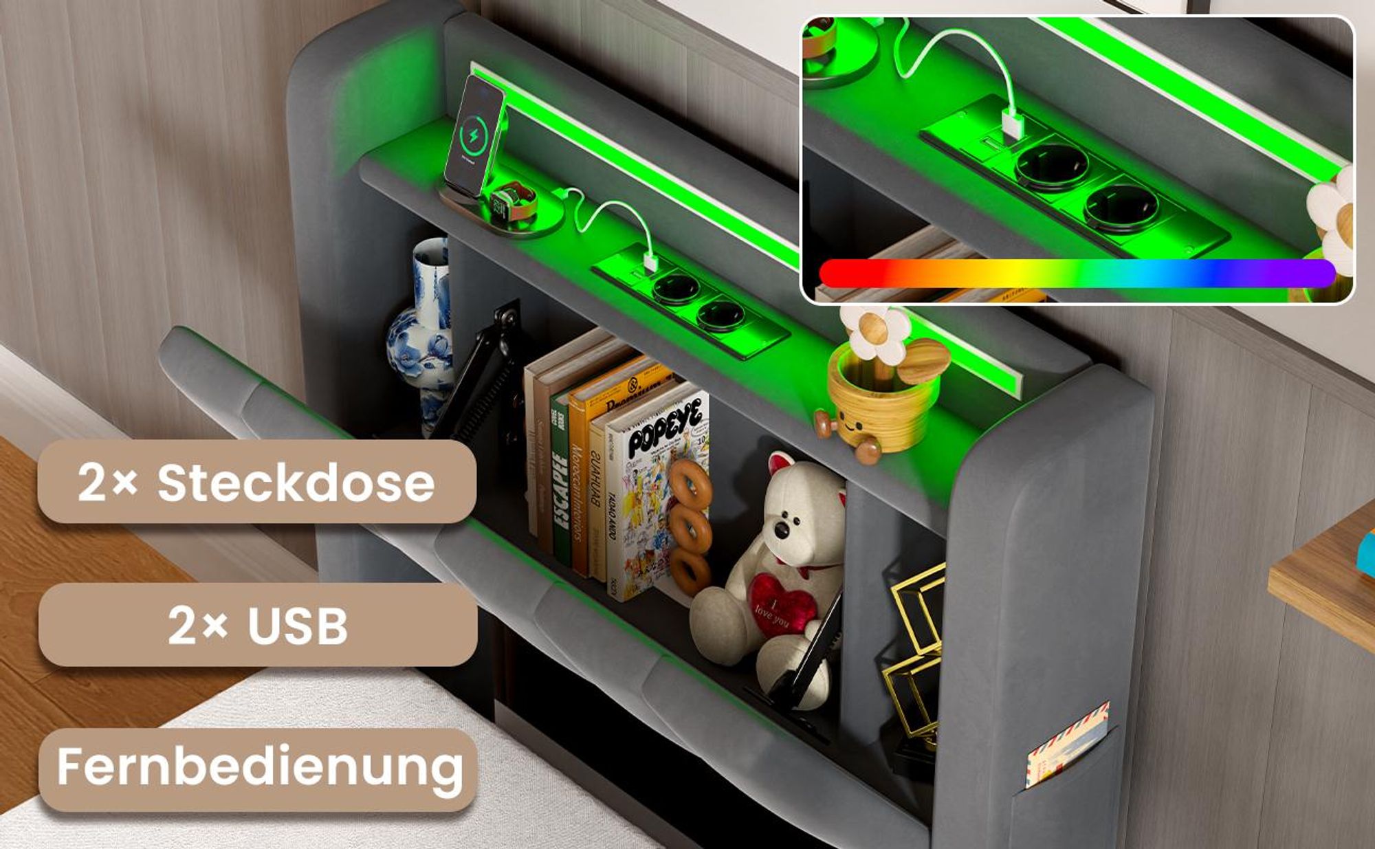 MODFU Boxspringbett Jugendbett 90x200 mit LED und Steckdosen,Polsterbett mit Bettkasten,Stauraumbett,ohne Matratze,Grau