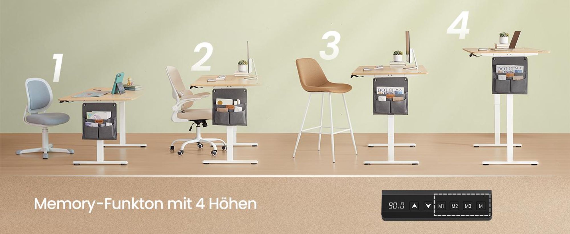 SONGMICS Höhenverstellbarer Schreibtisch, 180 cm, Memory-Funktion mit 4 Höhen, USB-C-Anschluss, Organizer