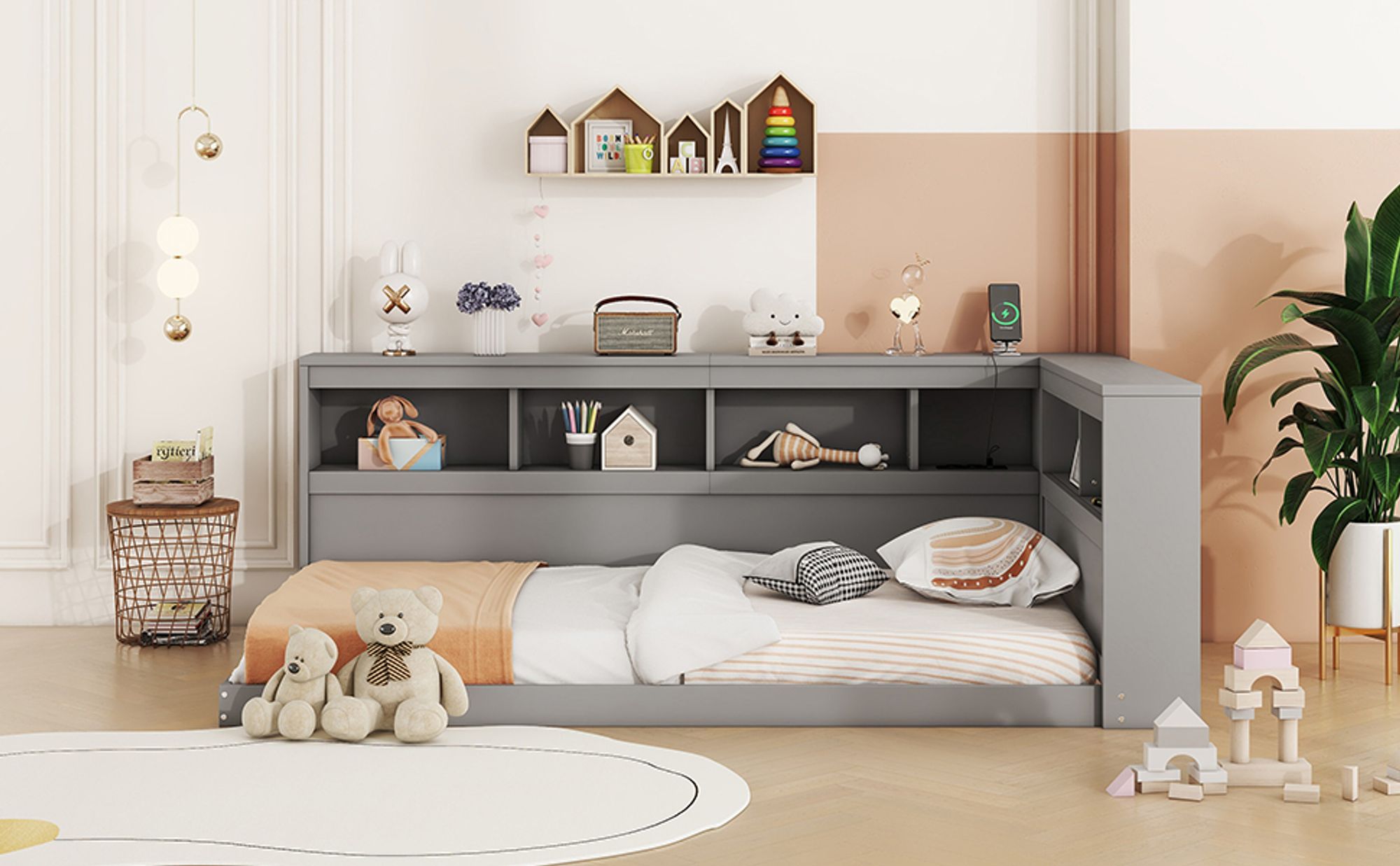 okwish Schlafsofa Daybett 90x200cm mit Lattenrost aus holz , Tagesbett Kinderbett Jugendbettmit Steckdose und 2 USB-Anschlüssen(Ohne Matratze)- Grau