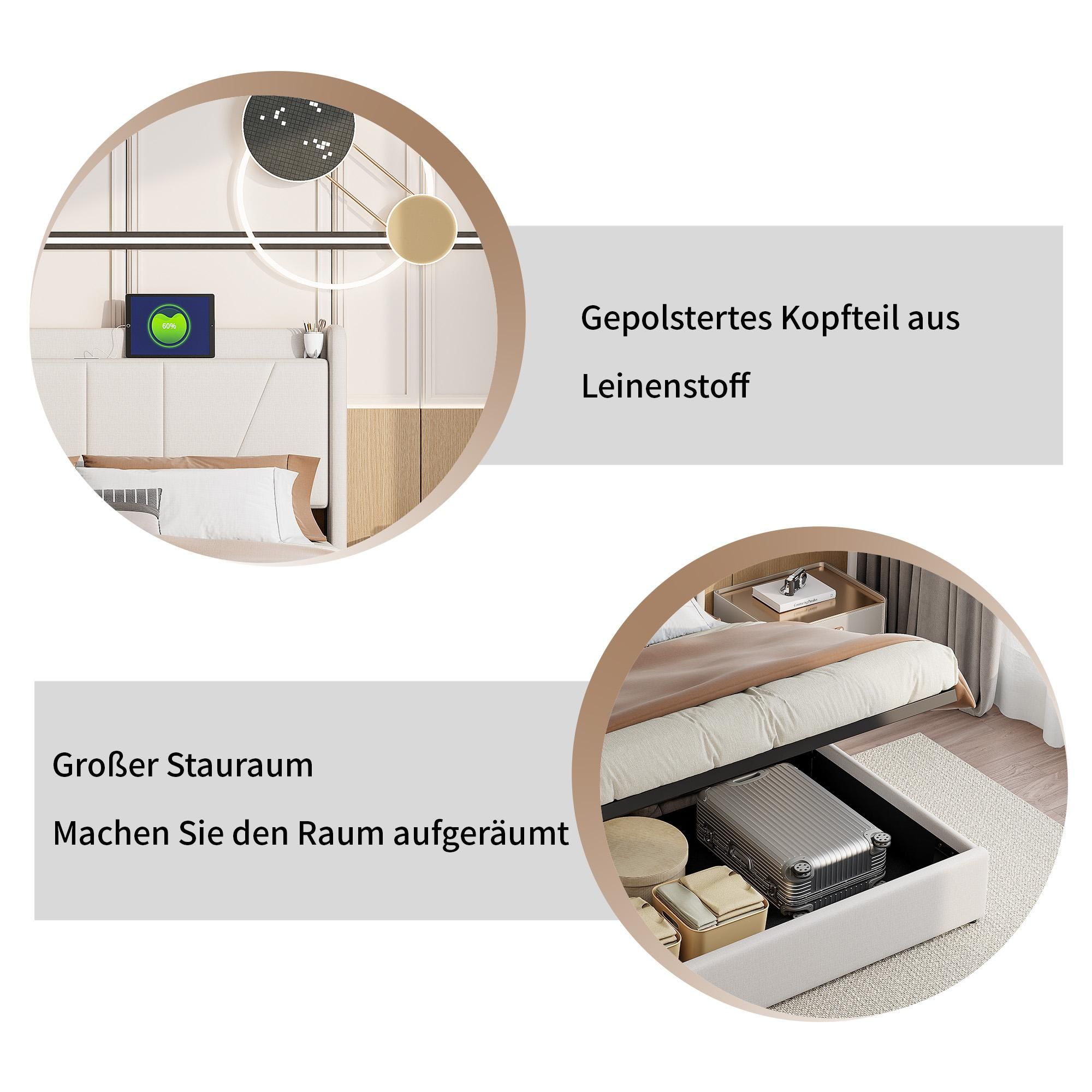 Fortuna Lai Polsterbett 160x200cm mit USB, Jugendbett Doppelbett mit Lattenrost und Stauraum, Stauraumbett, Leinen, Beige
