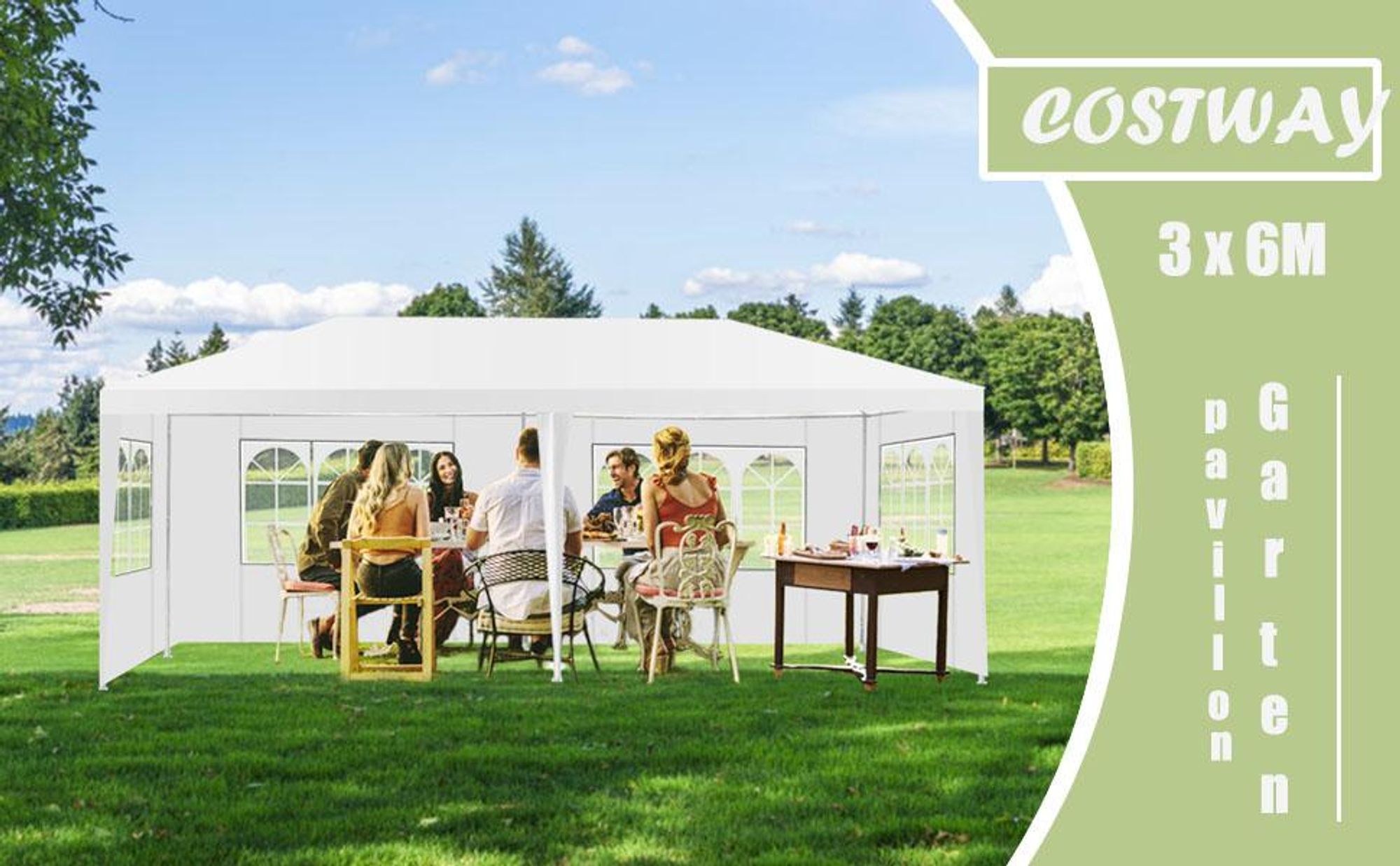 COSTWAY Pavillon 3x6m, Gartenpavillon mit 4 abnehmbaren Seitenwände & Fenstern, Partyzelt, Festzelt, Gartenzelt, für Garten, Party, Hochzeit, Weiß