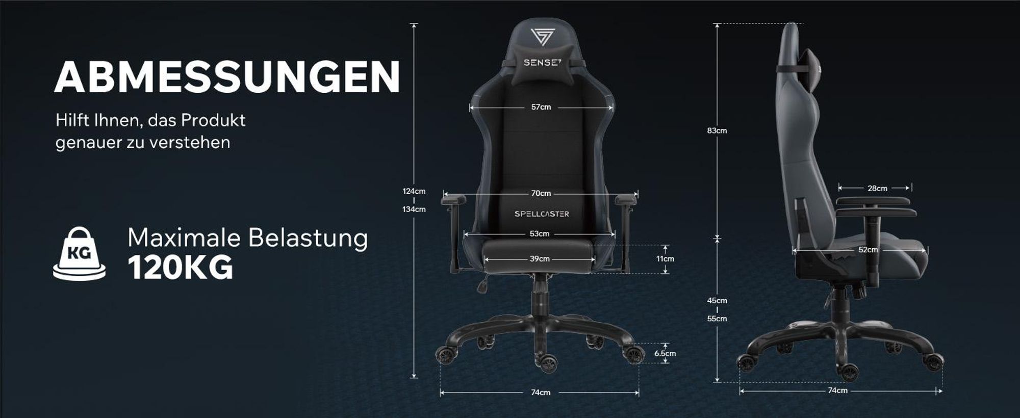Sense7 Spellcaster FUKU Gamingstuhl, Gaming Sessel, Bürostuhl, Ergonomisch Schreibtischstuhl, Drehstuhl mit Kopfstützen bis zu 120 kg, Stoff, Schwarz