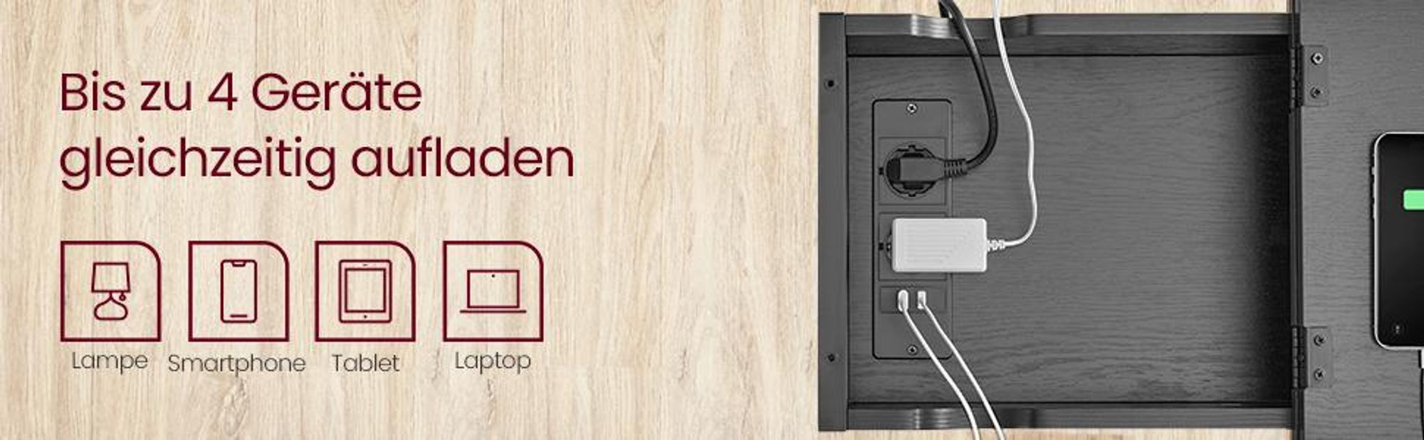 VASAGLE Beistelltisch, mit Steckdosen und USB-Anschlüsse, klappbare Tischplatte, Schwarz