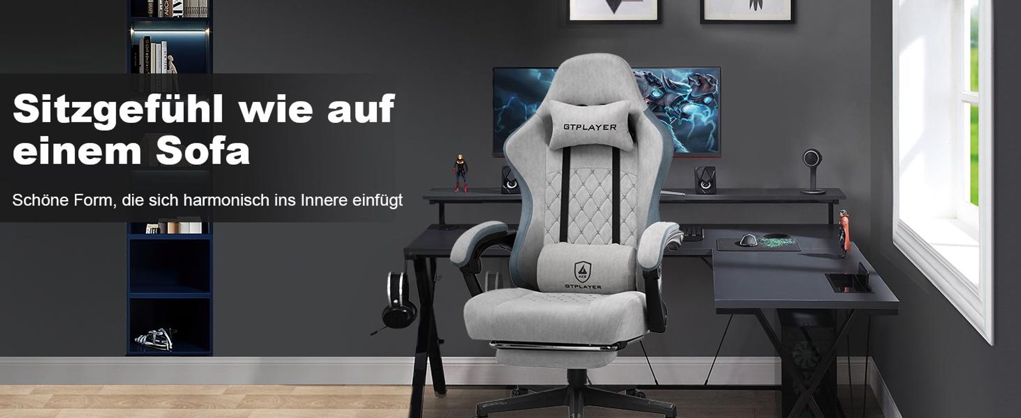 GTPLAYER Herné kreslo Ergonomické herné kreslo Stolová stolička PC Gamer Racing Chair s látkovým povrchom, pružinovým sedákom, spojovacími podrúčkami, s opierkou na nohy s nosnosťou do 153 kg Sivá