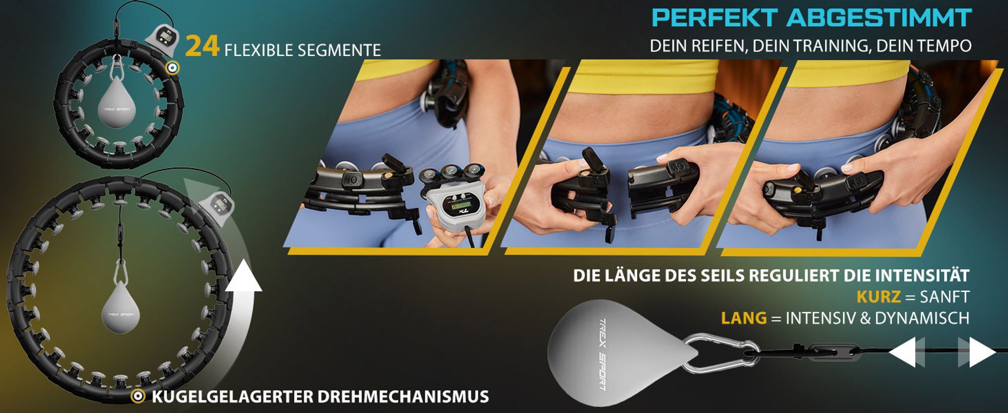 TREX SPORT Smart Hula Hoop Reifen mit Zähler TX-020CHH | Fitnessreifen mit LCD Display, 400g Gewicht, 24 Segmente, 360° Massage mit Noppen | Schwarz