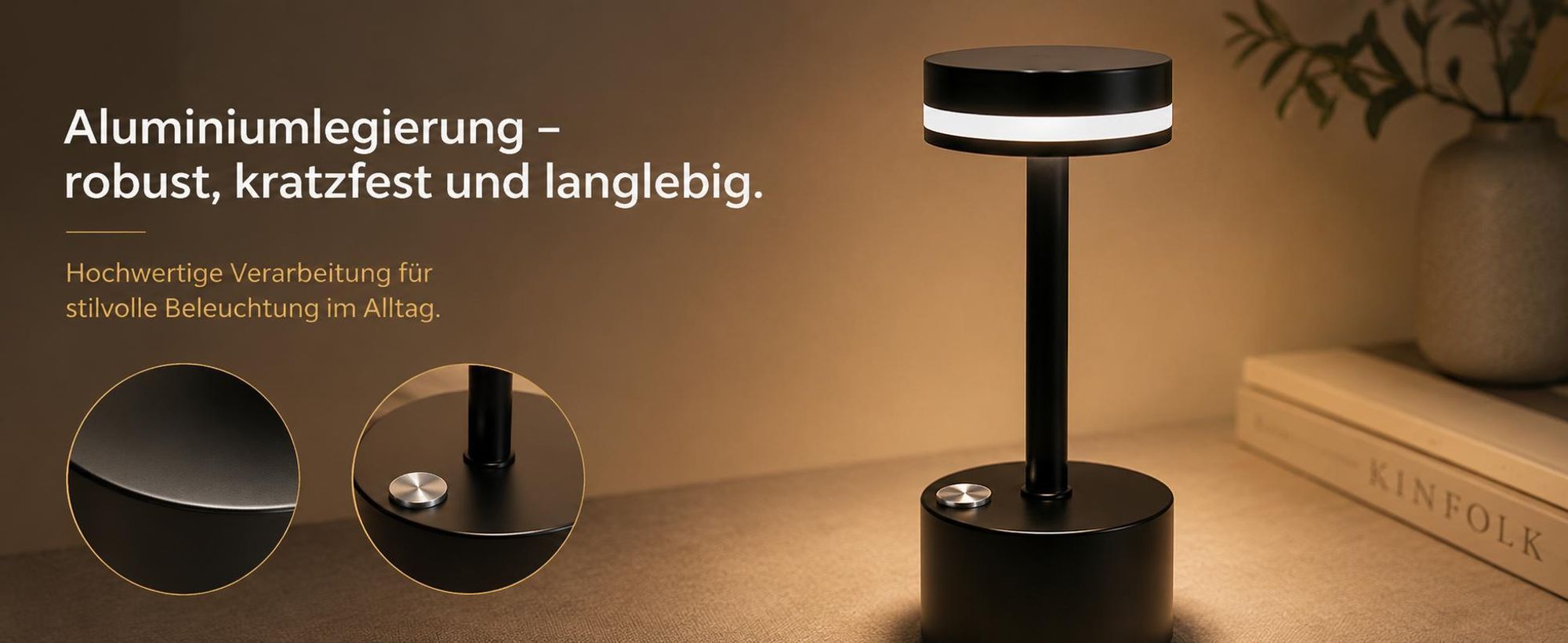 2 Stk Tischlampe,Led Tischleuchte Metall,Kabellos Dimmbar Tischleuchte,Touch Steuerung Augenschutz Leselampe,USB Wiederaufladbare,Schwarz