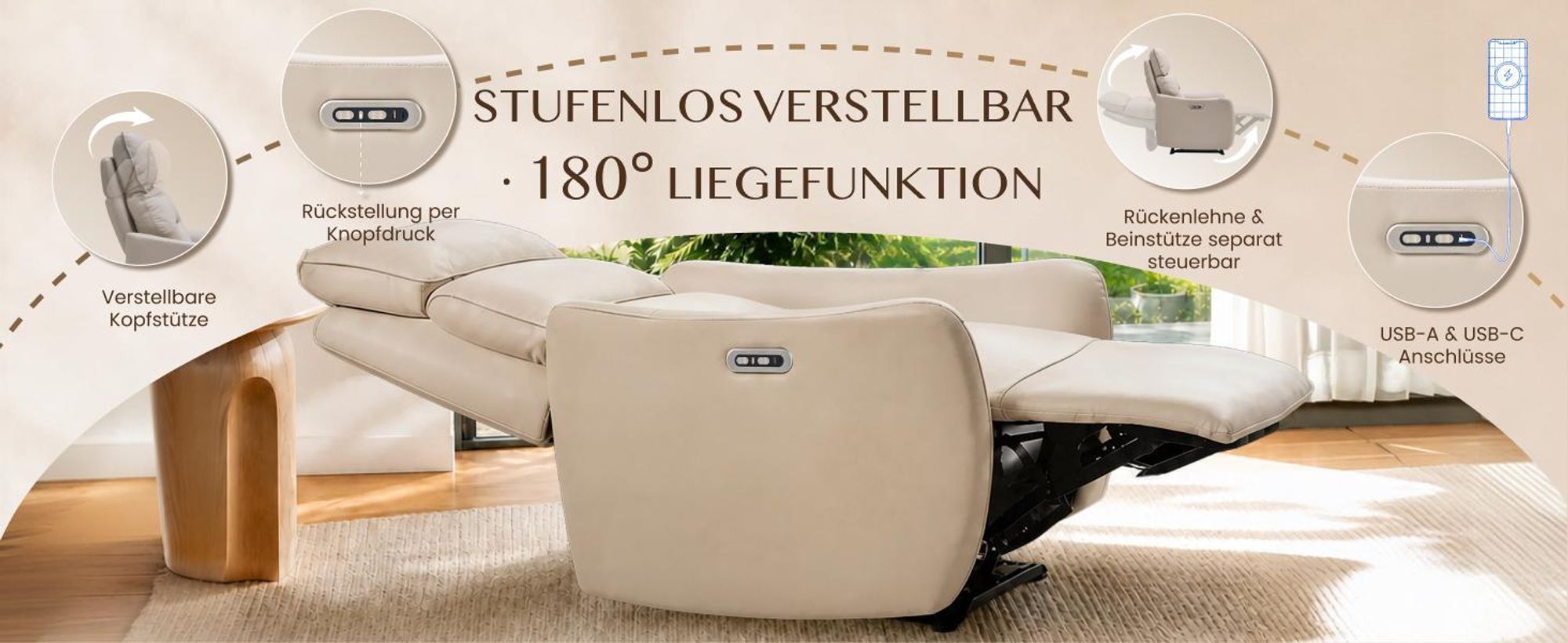 FLEXISPOT Lune Pro Elektrischer Relaxsessel, Doppelmotor, Echtleder, 180° Liegefunktion, 3-fach Kopfstütze, USB-Anschluss & 360° Schwenktisch, Beige