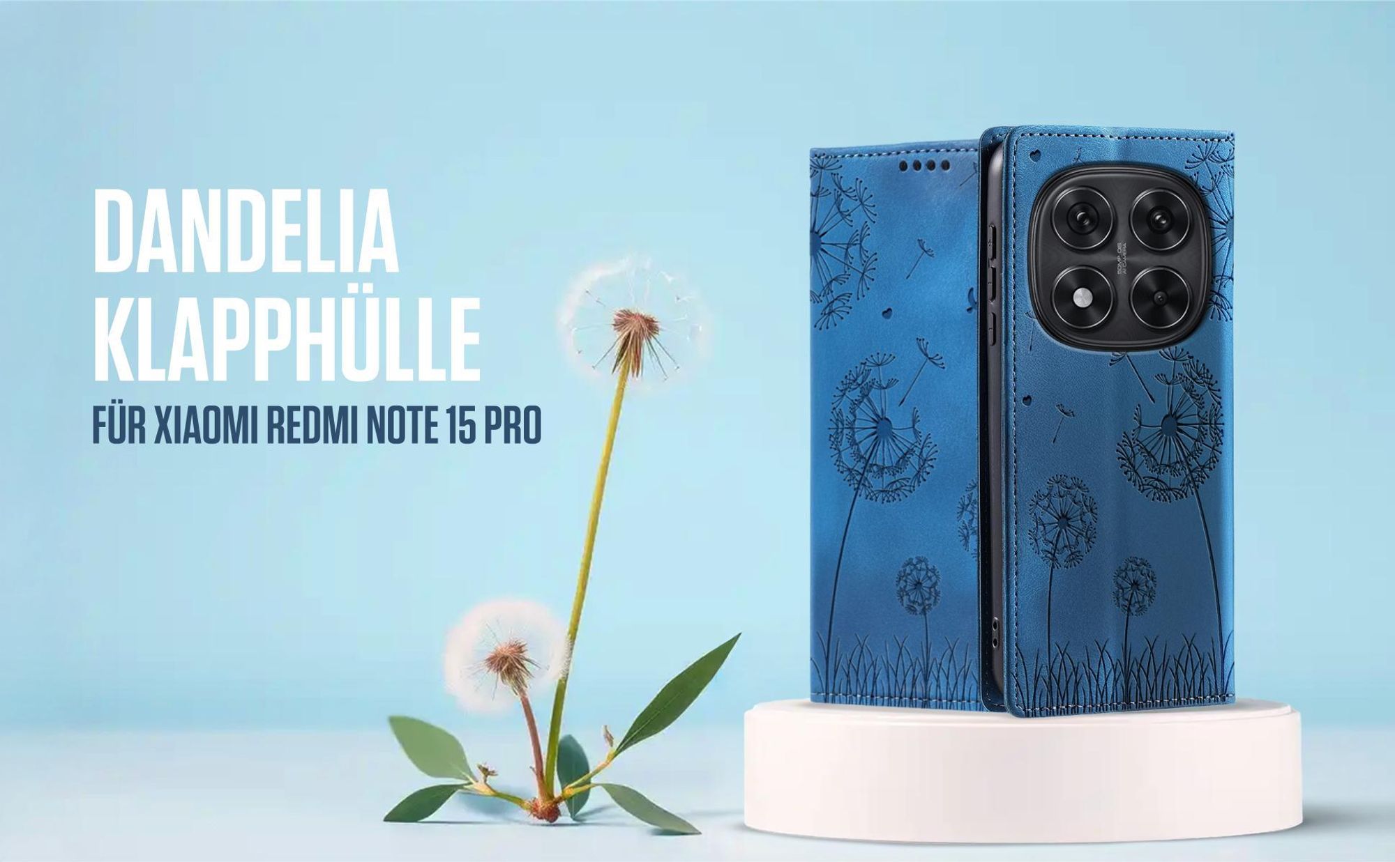 Blaue Klapphülle für Xiaomi Redmi Note 15 Pro mit feiner Löwenzahn Prägung