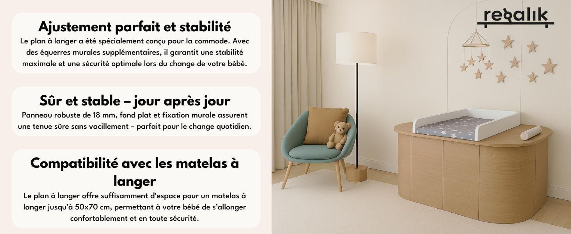 regalik Plan à Langer Universal, Extension pour Commode de Largeur Variable, Amovible, Plan à Langer avec Façades Arrondies, Oak