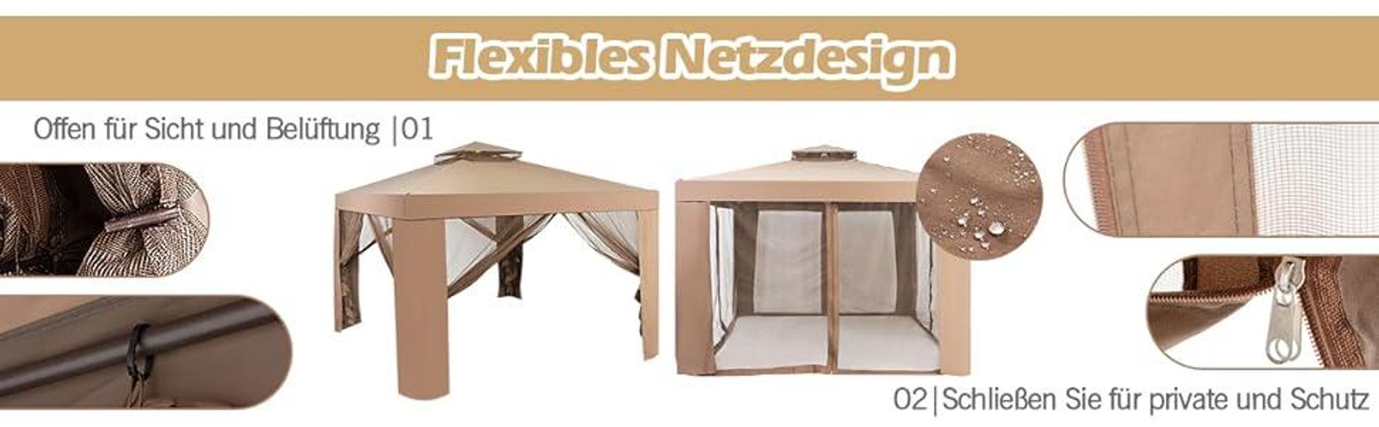 COSTWAY Gartenpavillon Gartenzelt mit 4 Seitenwänden, Moskitonetz & Reißverschluss, Pavillon Partyzelt Festzelt Sonnenschutz 300x300x265cm Kaffee