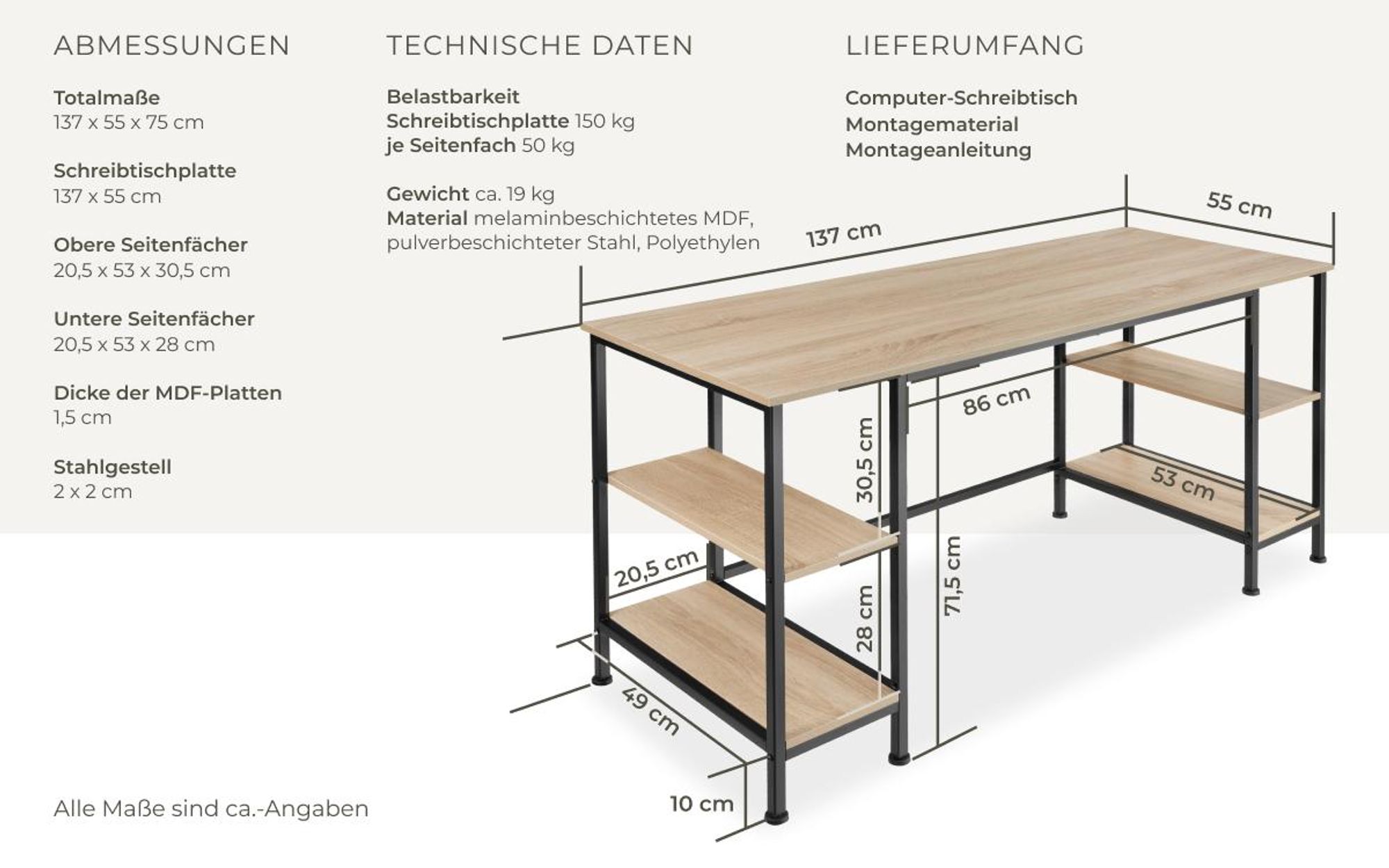 tectake® Computer-Schreibtisch Stoke 137 x 55 x 75 cm