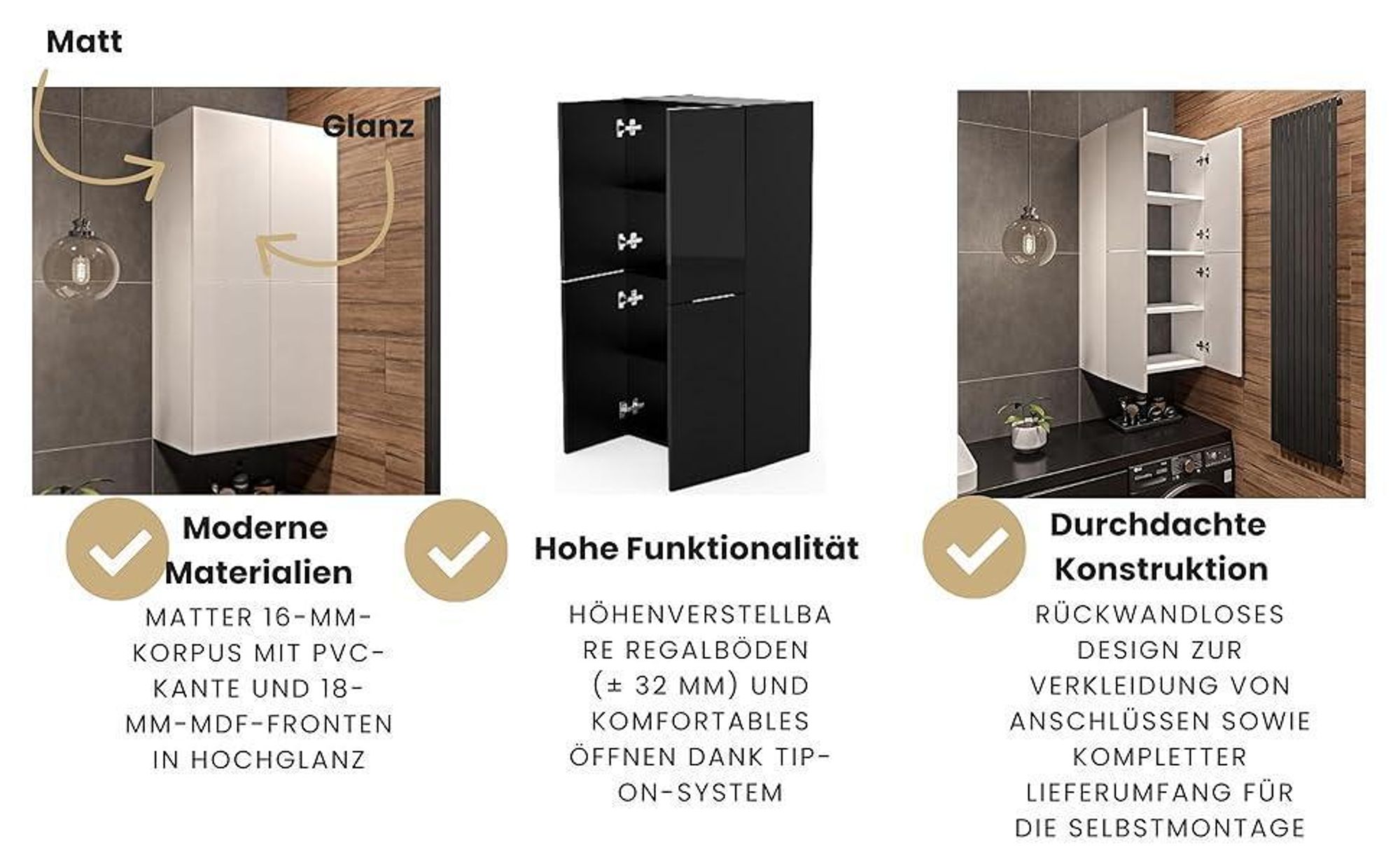 Badschrank Schwarz B: 60 cm H: 120 cm T: 34 cm Badezimmerschrank Hängend Front Hochglanz Korpus Matt Hängeschrank Badezimmer Toilettenregal