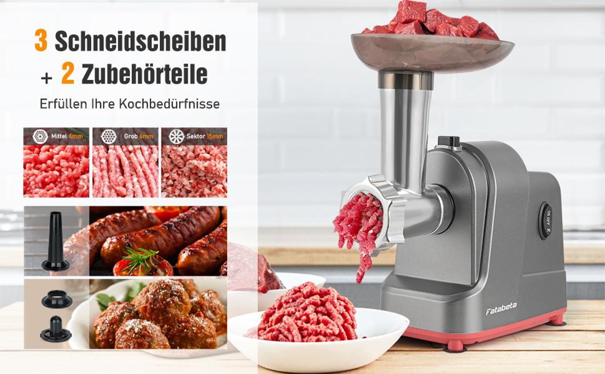 FATABETA Fleischwolf Elektrisch 2800W mit Schneidklingen,3 Edelstahl Loch-Scheiben,Wurstfüller,Kubbe-Kit,Aufsatz für Plätzchen ,Edelstahl