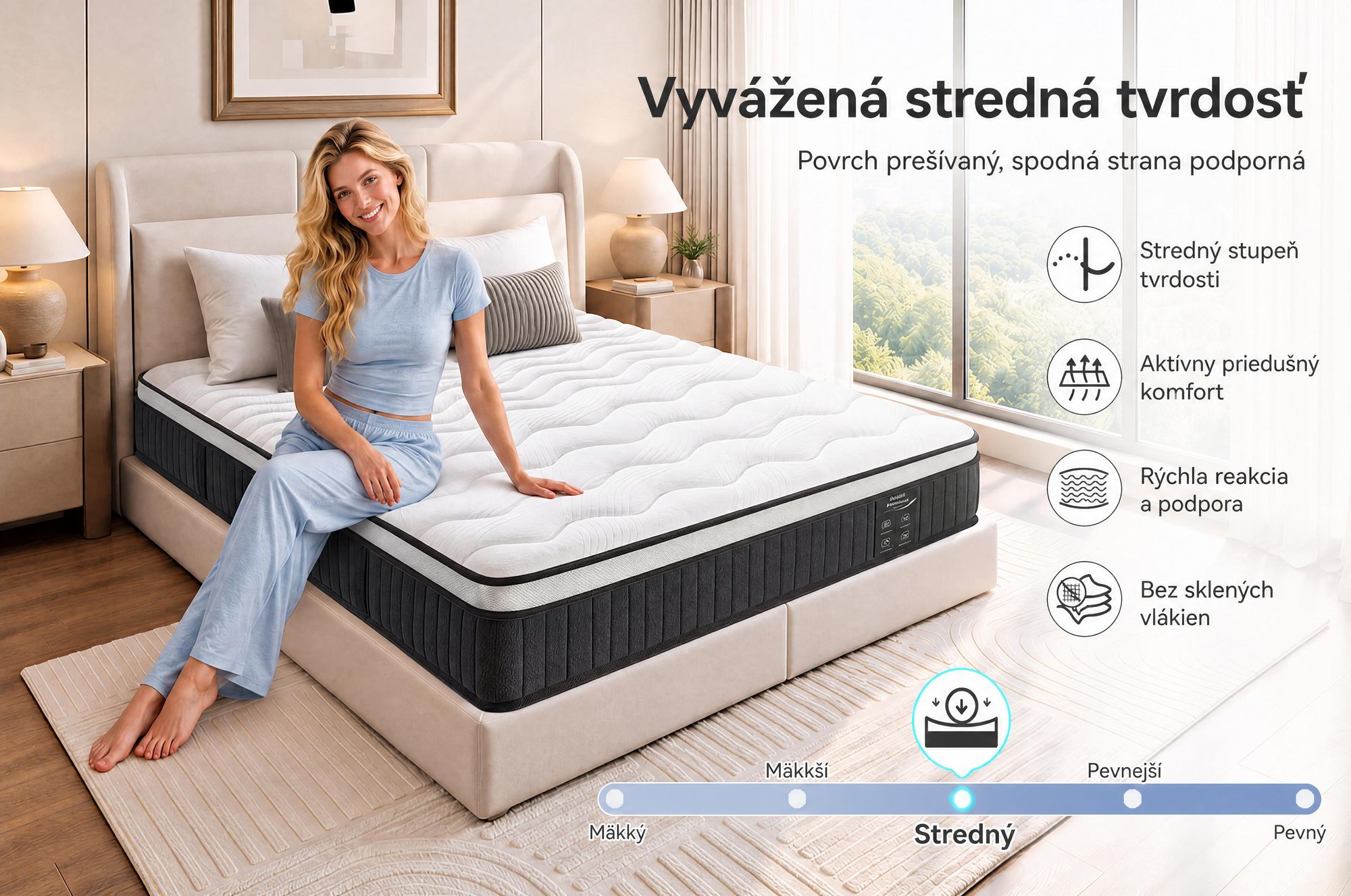 Matrac rozmery 180x200 cm, výška 22 cm. Integrovaná vrchná vrstva. Matrac s 7 zónami a pružinami v poťahu. Pevnosť H3/H4