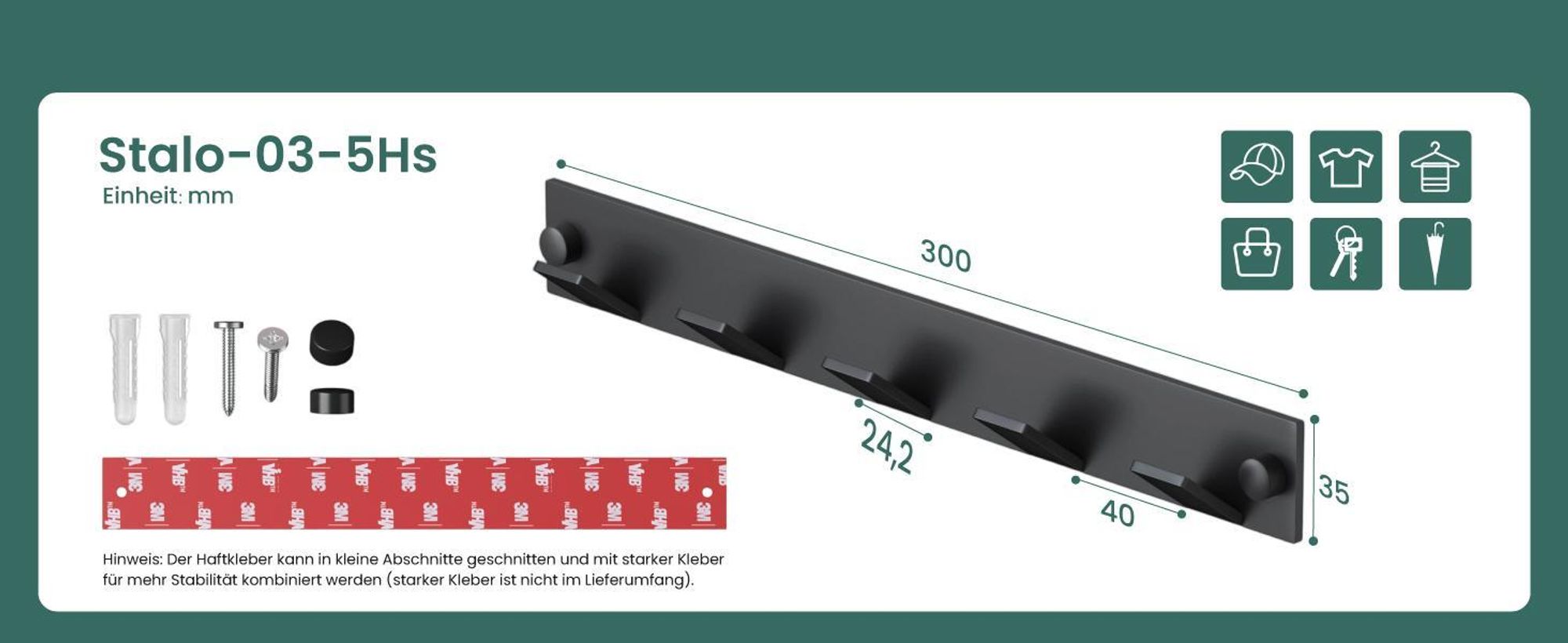 Mai & Mai Kleiderhaken Wandgarderobe Wandhaken aus Edelstahl mit 5 Haken Garderobenleiste Garderobenhaken 30cm Matt schwarz Stalo-03