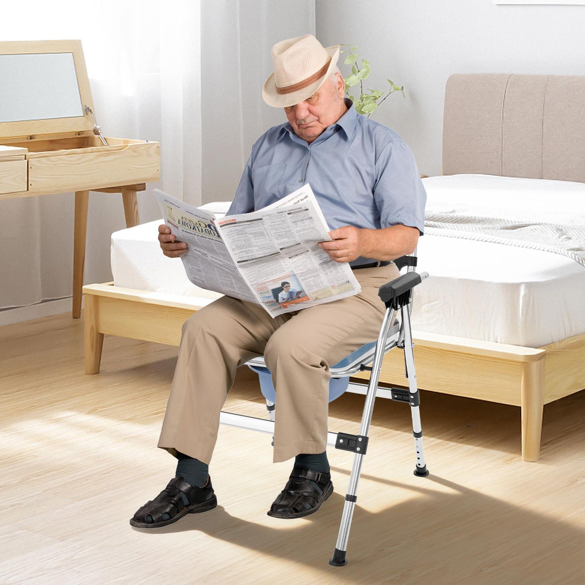 Toilettenstuhl für Senioren, klappbarer Toilettenstuhl mit verstellbarer Höhe, Duschstuhl mit Armlehnen und Rückenlehne
